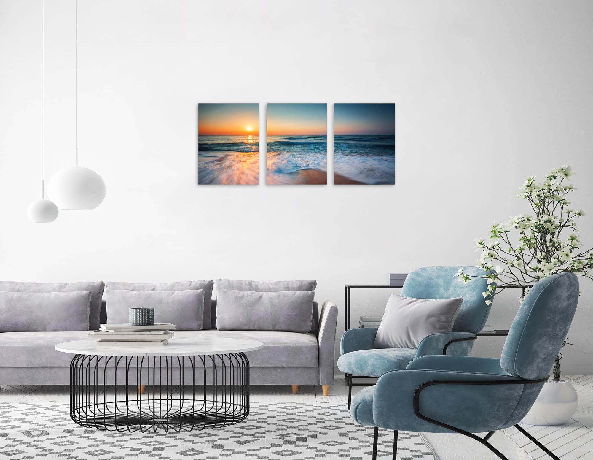 TutuBeer 3 Panels Beach Pictures Wall Art Blue Sea White Beach at Sunrise Pictures Print on Canvas Beach Wall Decor Beach Paintings for Home Decor Stretched and Framed Easy to Hang 12'' x 16'' x 3 Pcs