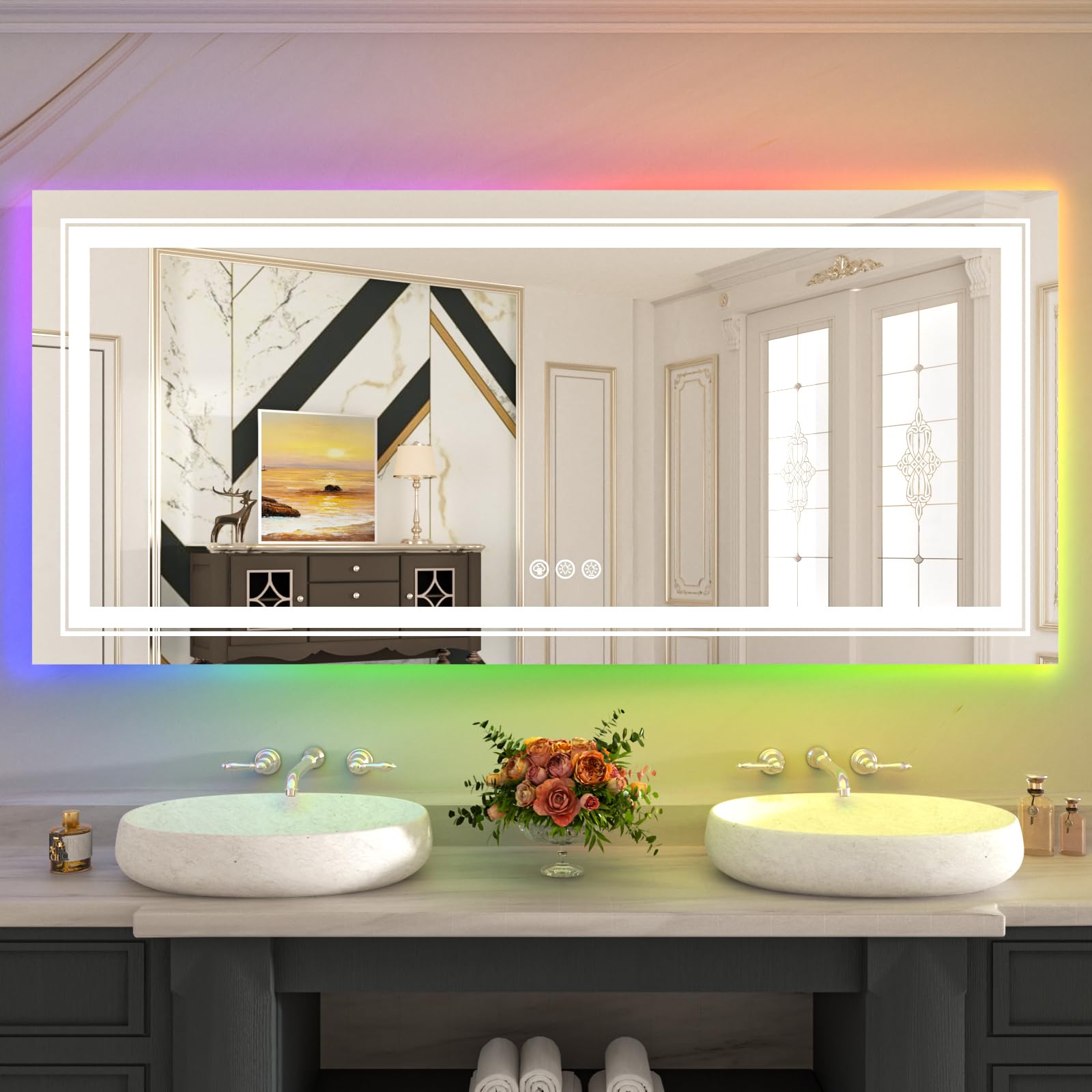 Wtty Led Bathroom Mirror 60''X28'' With Rgb Backlit And Front Light,Stepless Dimmable Led Mirror For Bathroom,Lighted Bathroom V