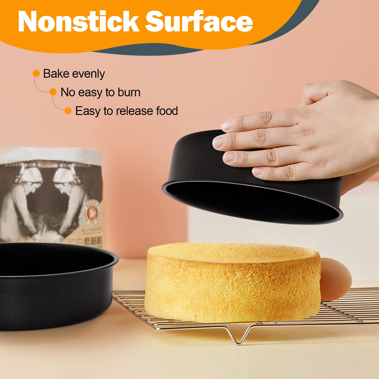 Round Cake Pan Set - 4    & 6    & 8   , P&P Chef 3-Piece Cake Baking Pan For Birthday Weeding Layer Cakes, Stainless Steel Core