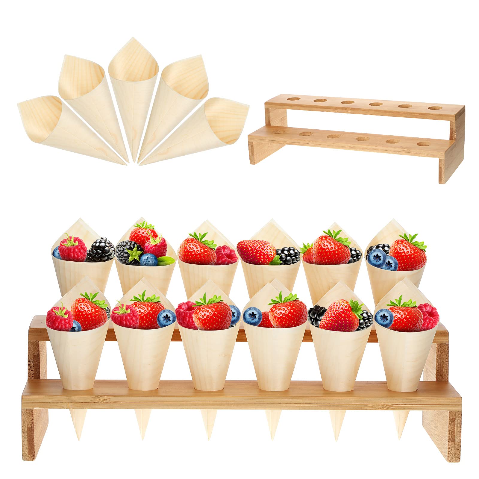 Queekay 100 Pcs Disposable Wooden Food Cones with 12 Holes Food Cone Display Stand Cone Holder for Charcuterie, Ice Cream, Cater