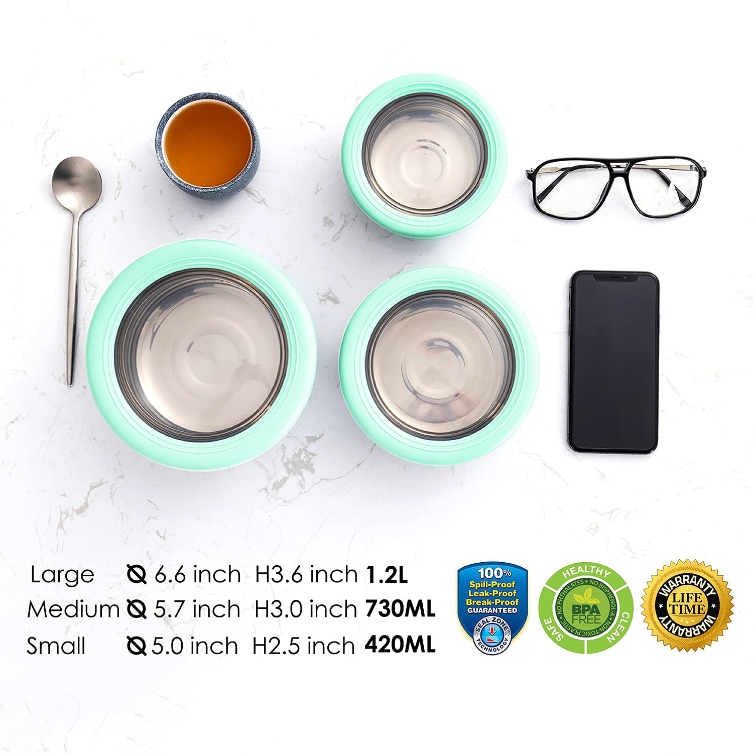 Lille Home Premium Stainless Steel Food Containers/Bento Lunch Box, Anti-Slip Exterior, Set Of Three (14Oz, 25Oz, 41Oz), Leakpro