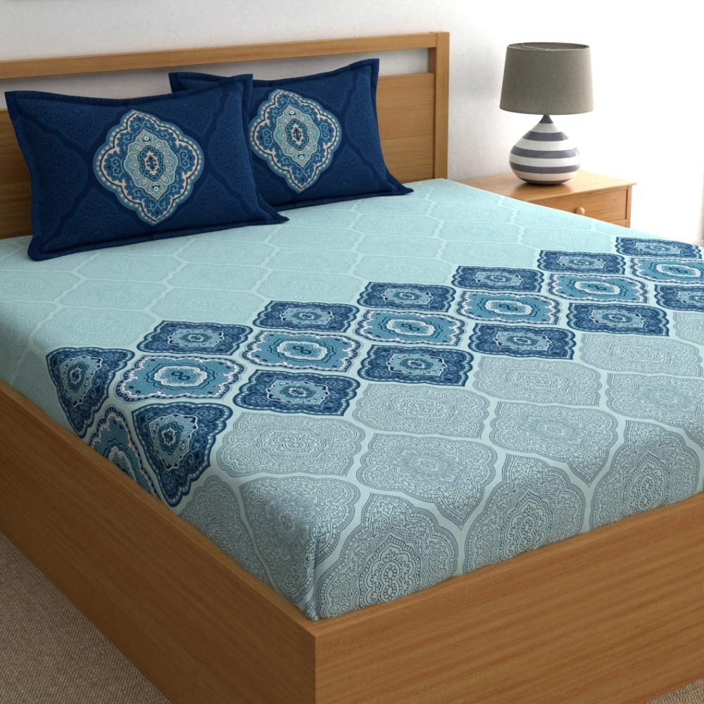 Dreamscape 100% Cotton King Bedsheet With 2 Pillow Covers - (Size 108 X 108 Inches, 144 Tc, Colour - Teal Blue)