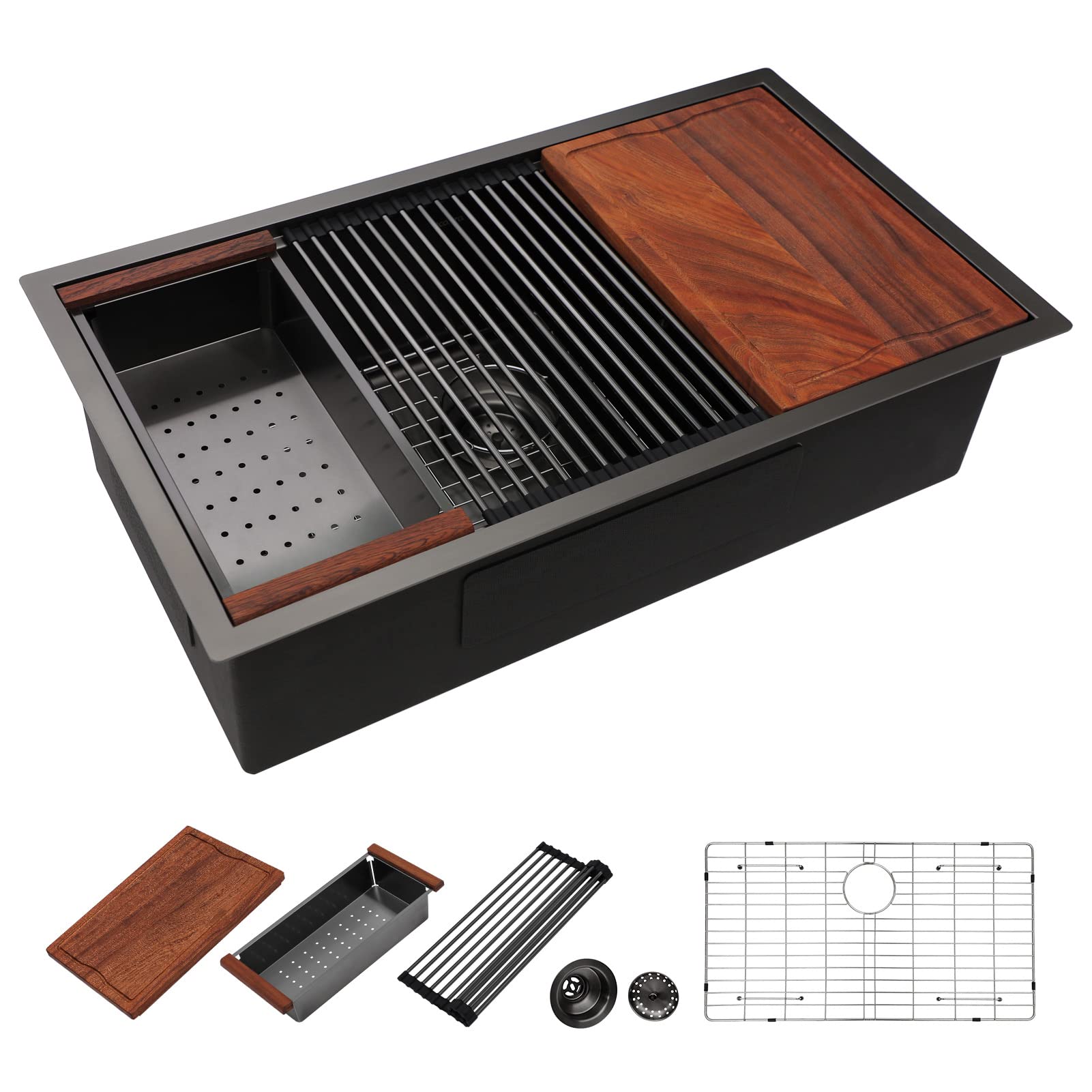 Dcolora 33'' Black Undermount Kitchen Sink Workstation Nano-Pvd Kitchen Sinks With Ledge Round Corner 16 Gauge Stainless Steel S