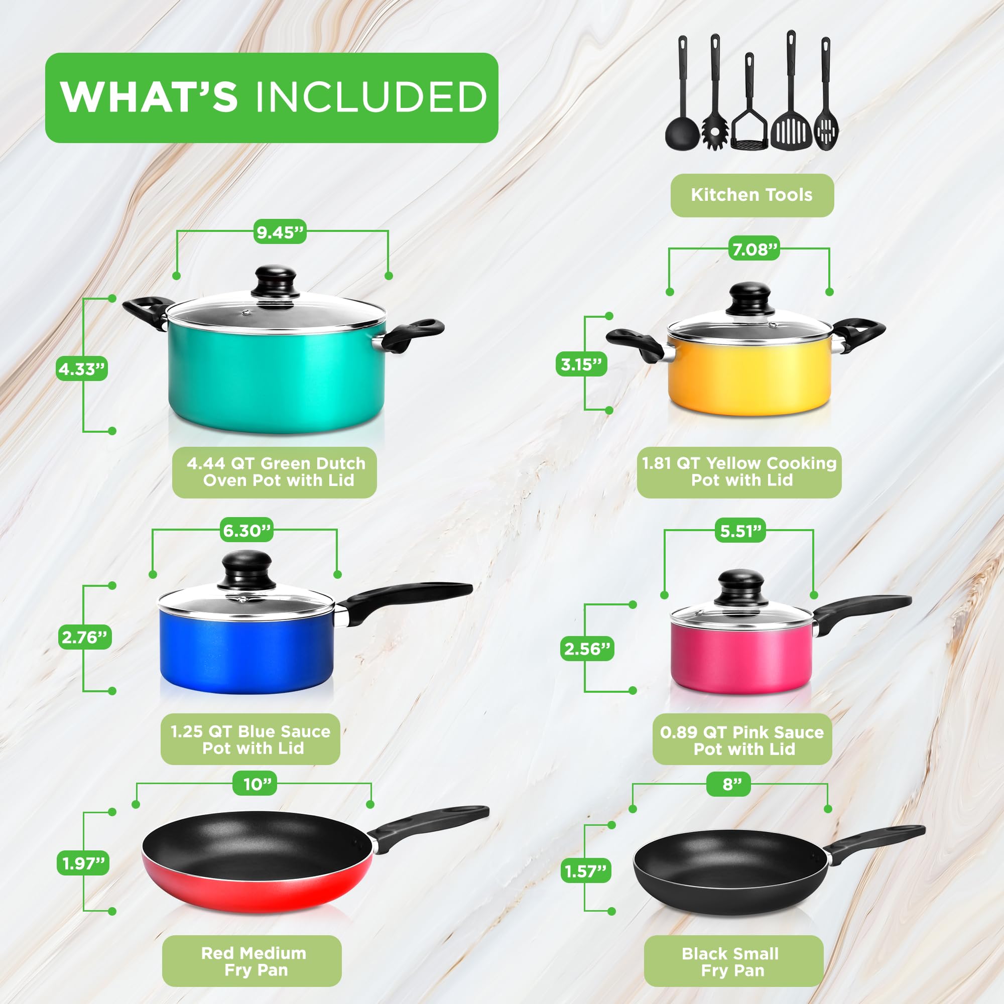 NutriChef 15-Piece Non Stick Kitchen Cookware Set PFOA/PFOS-Free, Colorful Heat Resistant Lacquer w/Saucepot, Frying Pans, Oven
