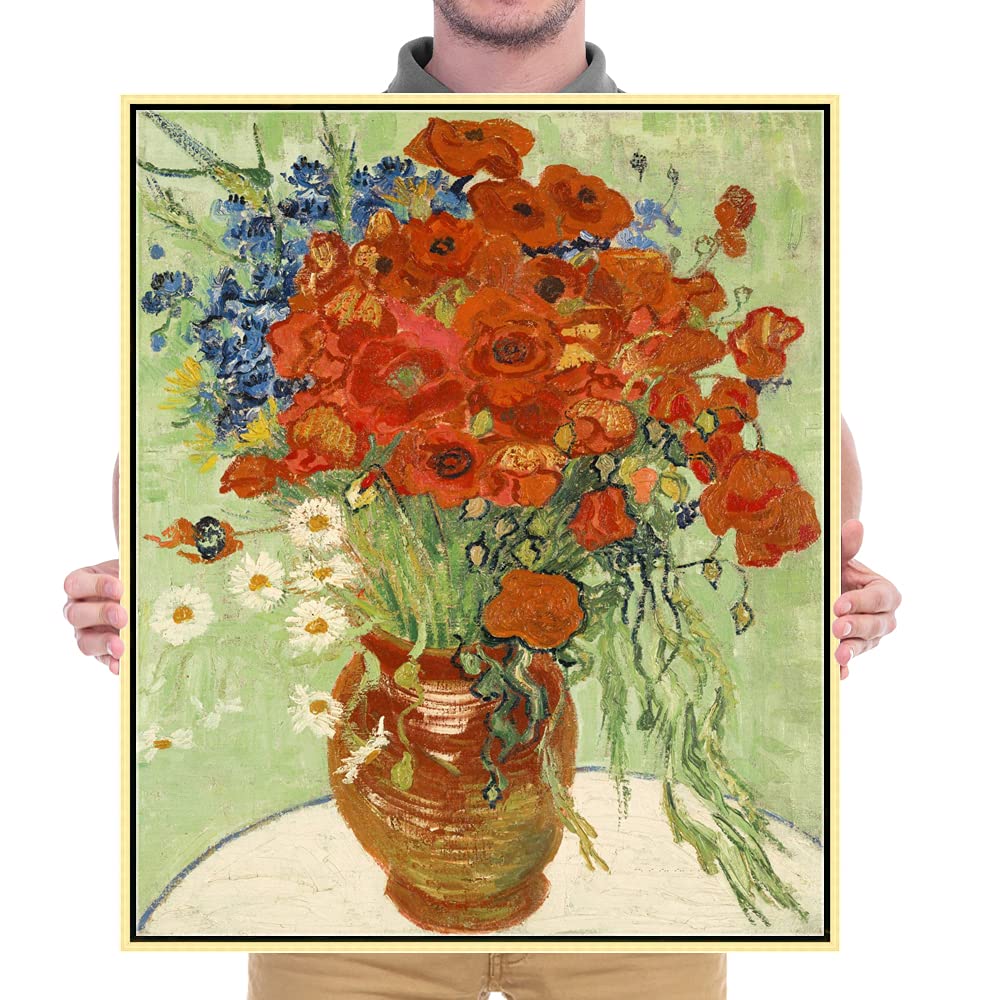 Wieco Art Framed Art Red Poppies And Daisies Canvas Prints Wall Art Of Van Gogh Famous Floral Paintings Reproduction Abstract Hd