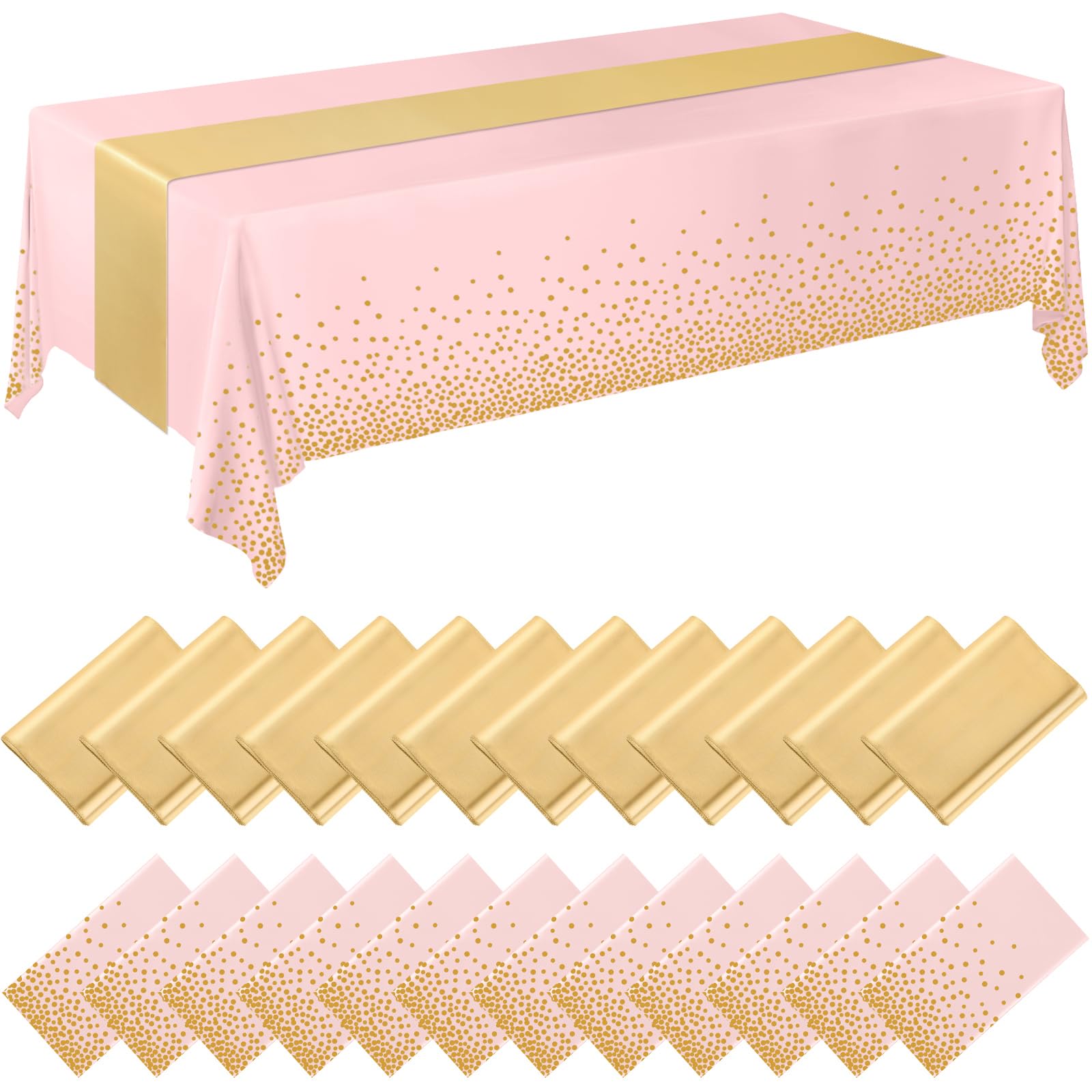 Breling 24 Pack Pink and Gold Disposable Plastic Tablecloths and Satin Table Runner Set, 54 x 108 Inch Tablecloth, 12 x 108 Inch