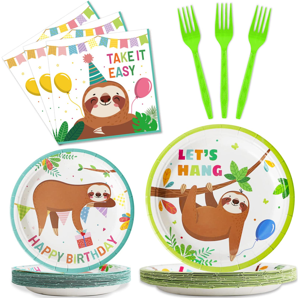 96 Pcs Sloth Animal Party Supplies Sloth Birthday Party Tableware Set Sloth Hanging Decorations Kids Sloth Themed Baby Shower Bi