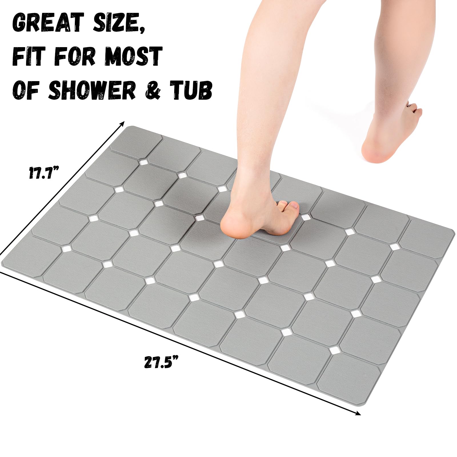 Kinbear Bath Mat For Textured Tub: Silicone Bathtub Mat Foldable Shower Mat Non Slip Tub Mat No Suction Cups 28 X 17.7Inch - Gre
