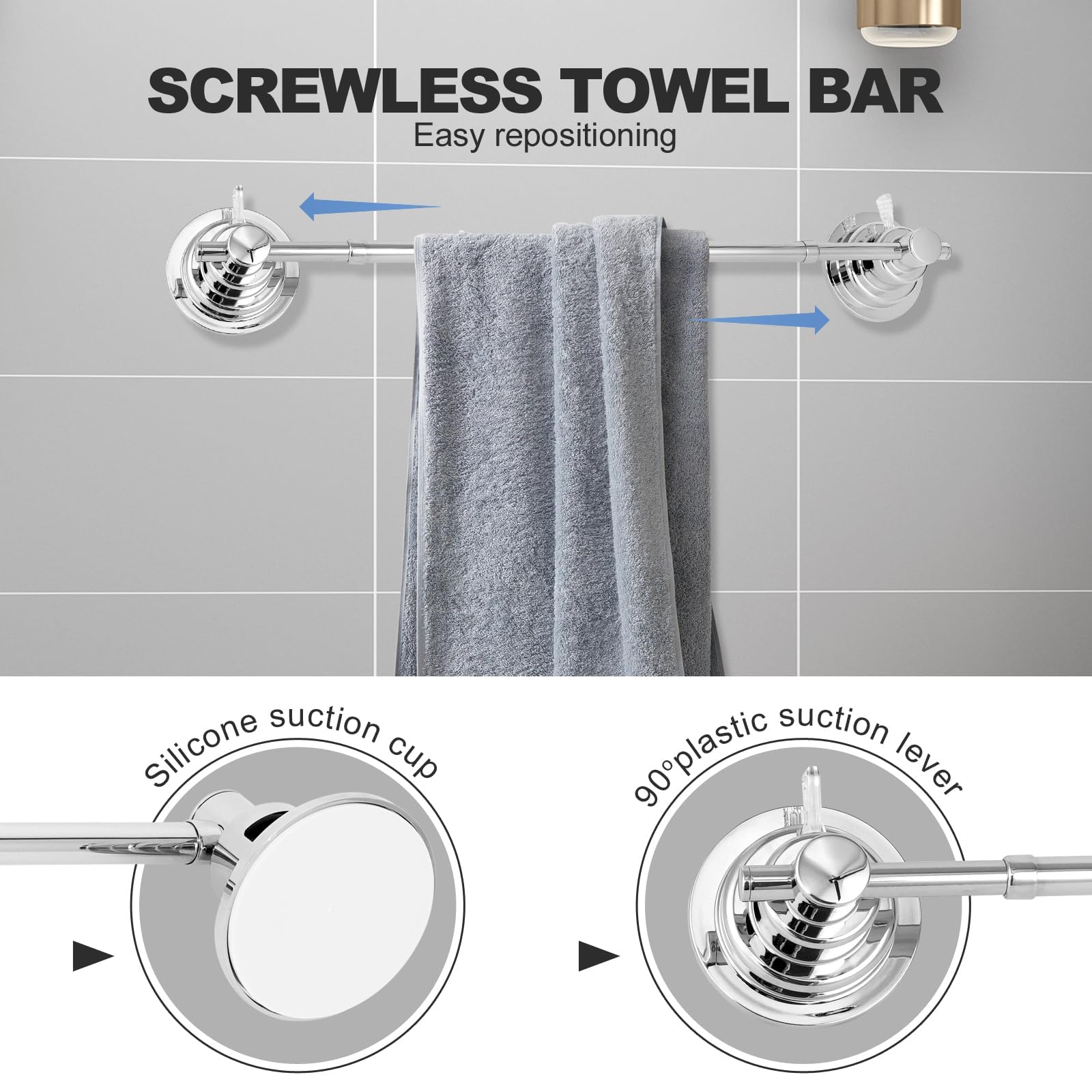 Suction Cup Towel Holder Adjustable 15.75'' To 25.6'' Bath Towel Bar Stainless Steel Heavy Duty Towel Rack For Shower And Bathro