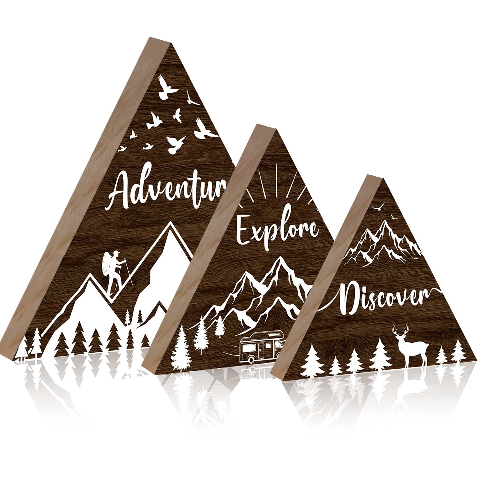 Jetec 3 Pcs 3 Size Wooden Mountain Shelf Decorations Woodland Adventure Travel Mountain Sign for Home Bedroom Bathroom Shelf Wal