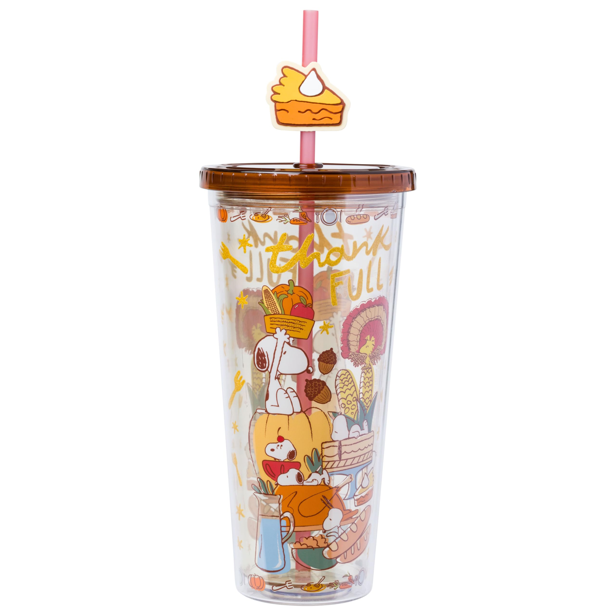 Silver Buffalo Peanuts Fall Autumn Thanksgiving Feast Featuring Snoopy and Woodstock Plastic Cold Cup with Lid and Straw Topper,