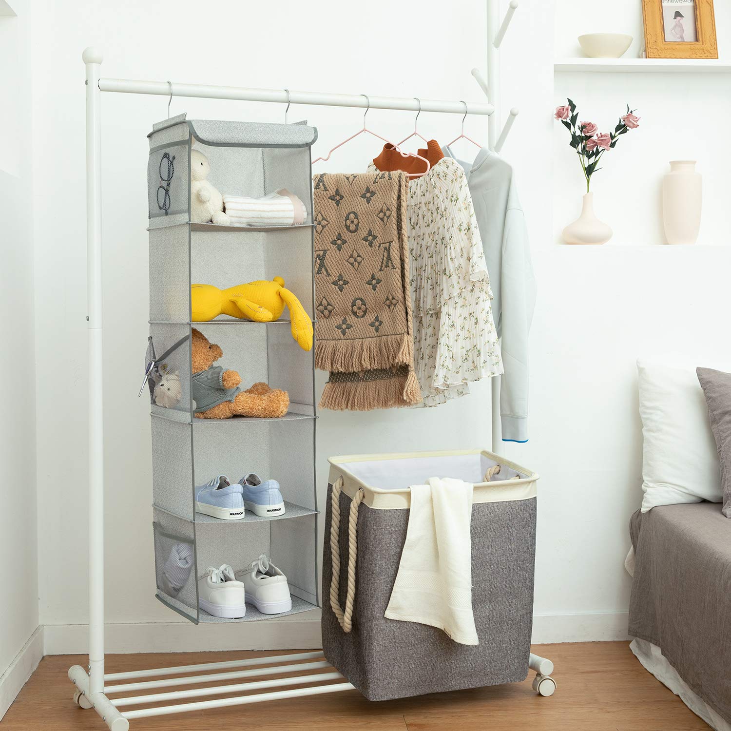 BrilliantJo 5 Shelves Hanging Closet Organizer  2 Pack Hanging Storage with 6 Side Pockets for Clothes Bags  43''x12''x12''(Light Gray)