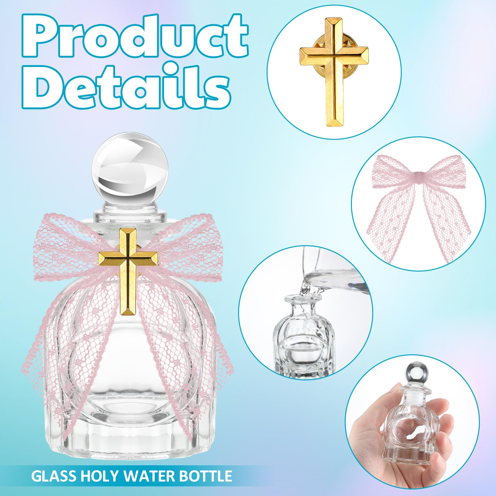 Newtay Holy Water Bottles Catholic Bulk Glass Baptism Favors for Guests Christian Water Container with Cross Organza Bags Bow fo