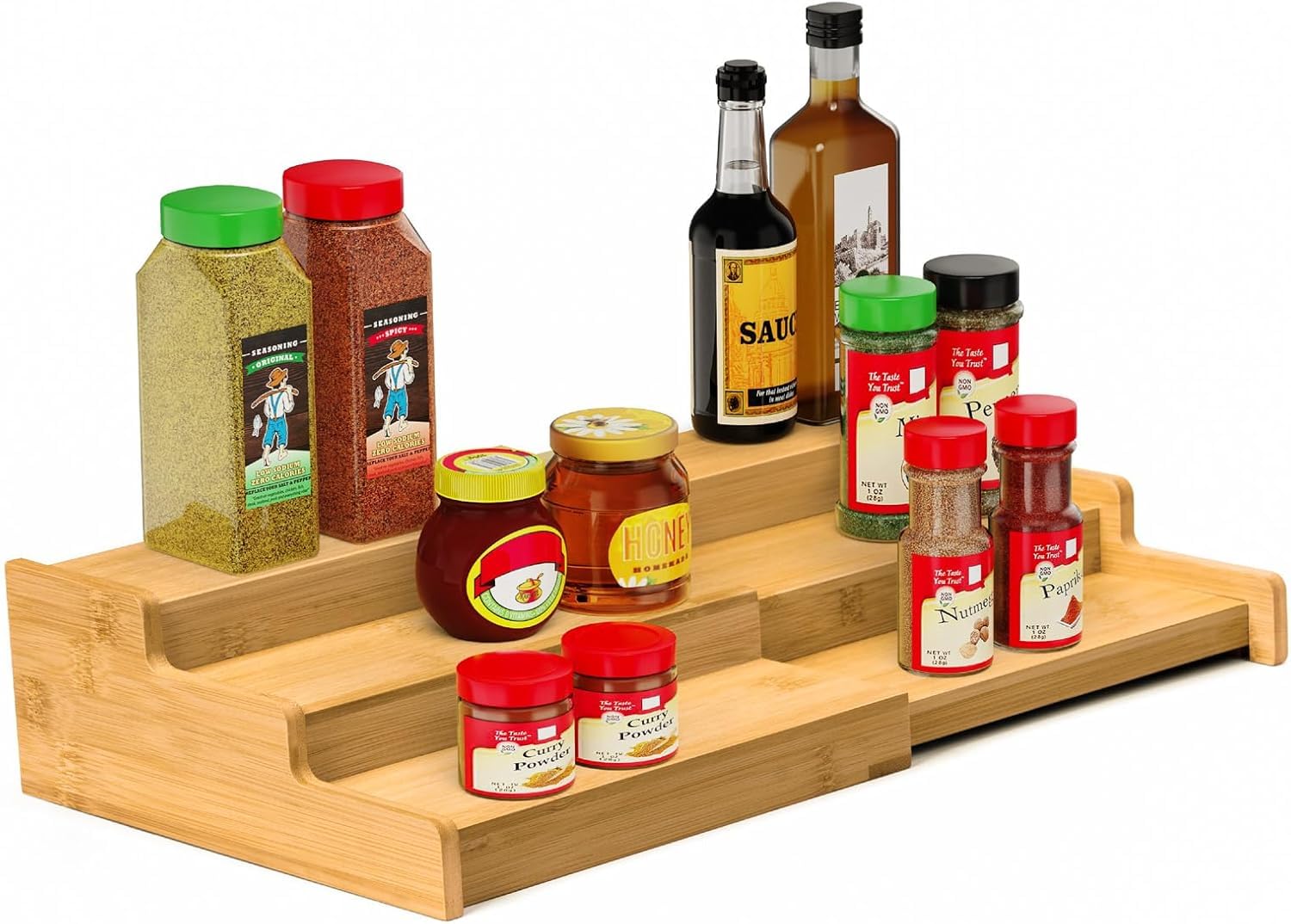 Xpandio Bamboo Spice Rack Organiser, 3Tier Expandable, 12.722.2 Cm | Adjustable Width, Cabinet & Countertop Use, Stepped Shelf