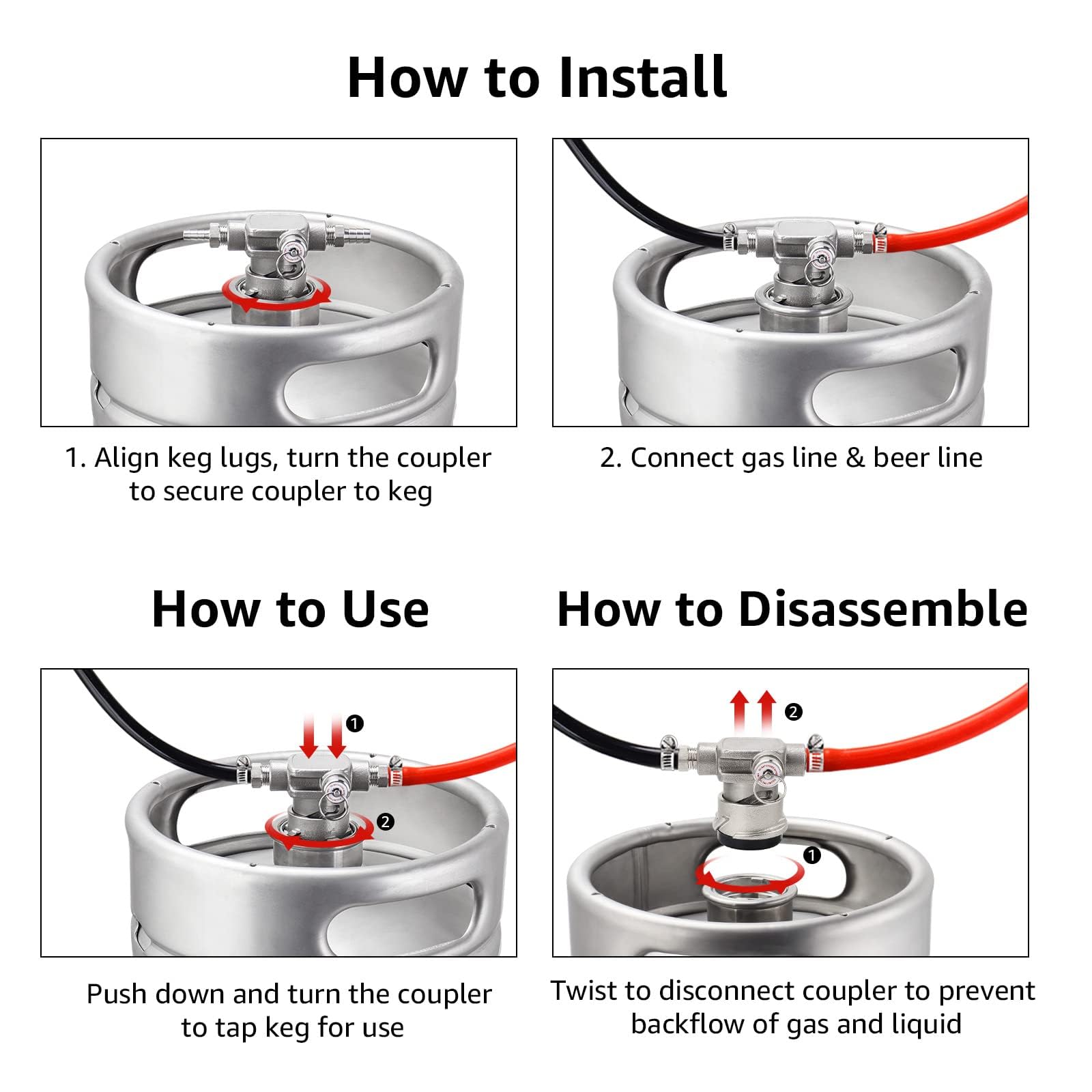 Dbgogo Low Profile Keg Coupler, 304 Stainless Steel D System Keg Coupler Space Saving Twist-Activated Homebrew Sankey Keg Tap Wi