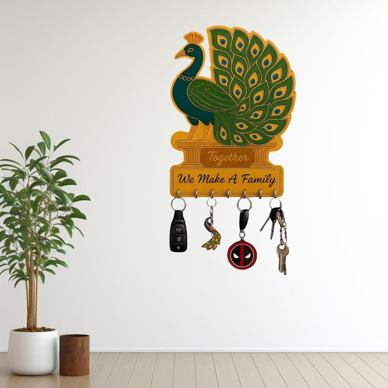 Sanvatsar Wooden Wall Mounted Key Holder with Hooks, Sweet Home & Peacock Design, Decorative Organiser for Home/Office Decor, De
