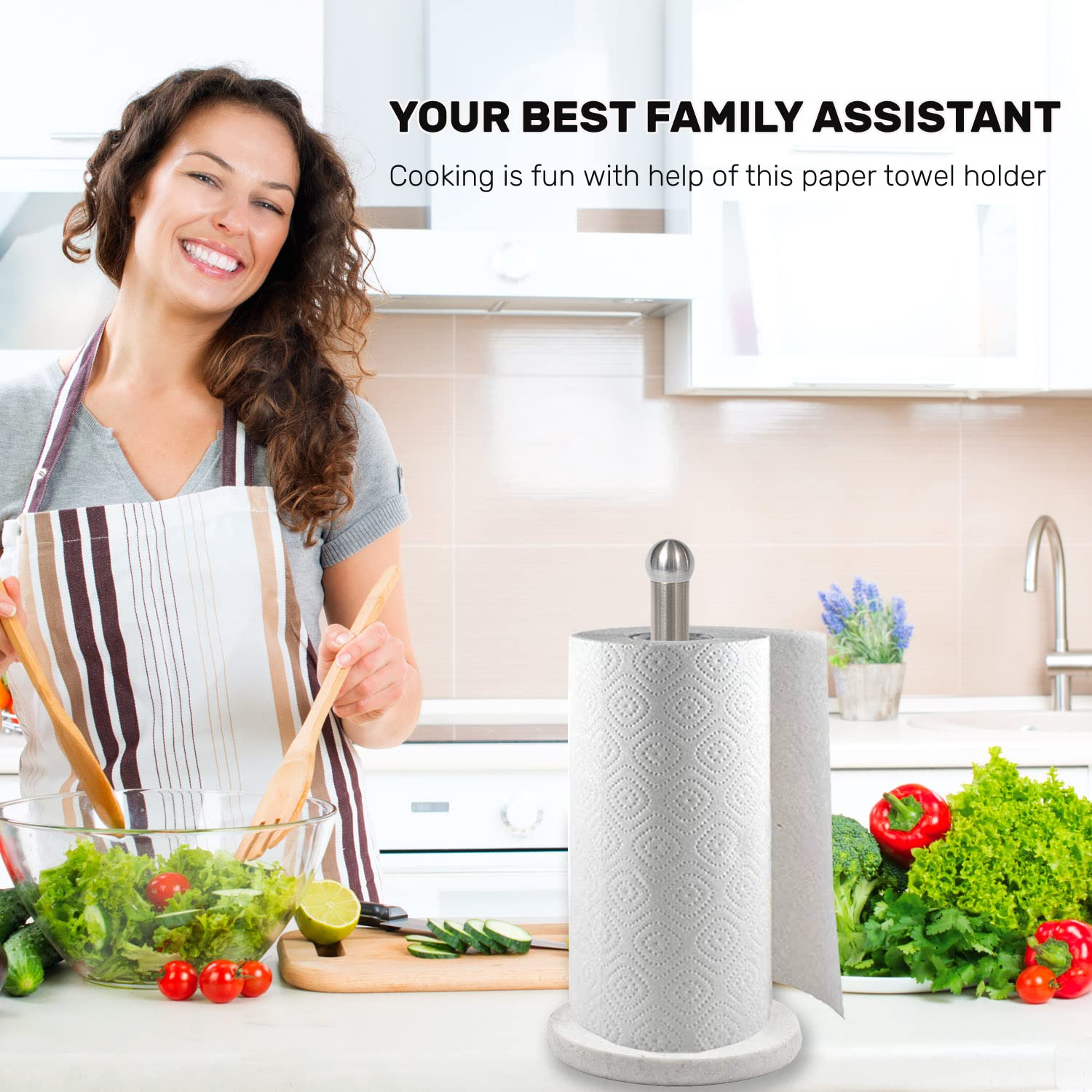 Paper Towel Holder With Sturdy Marble Base, Freestanding Paper Towel Holder Countertop, One-Handed Use, No Wobbly (Brushed Nicke