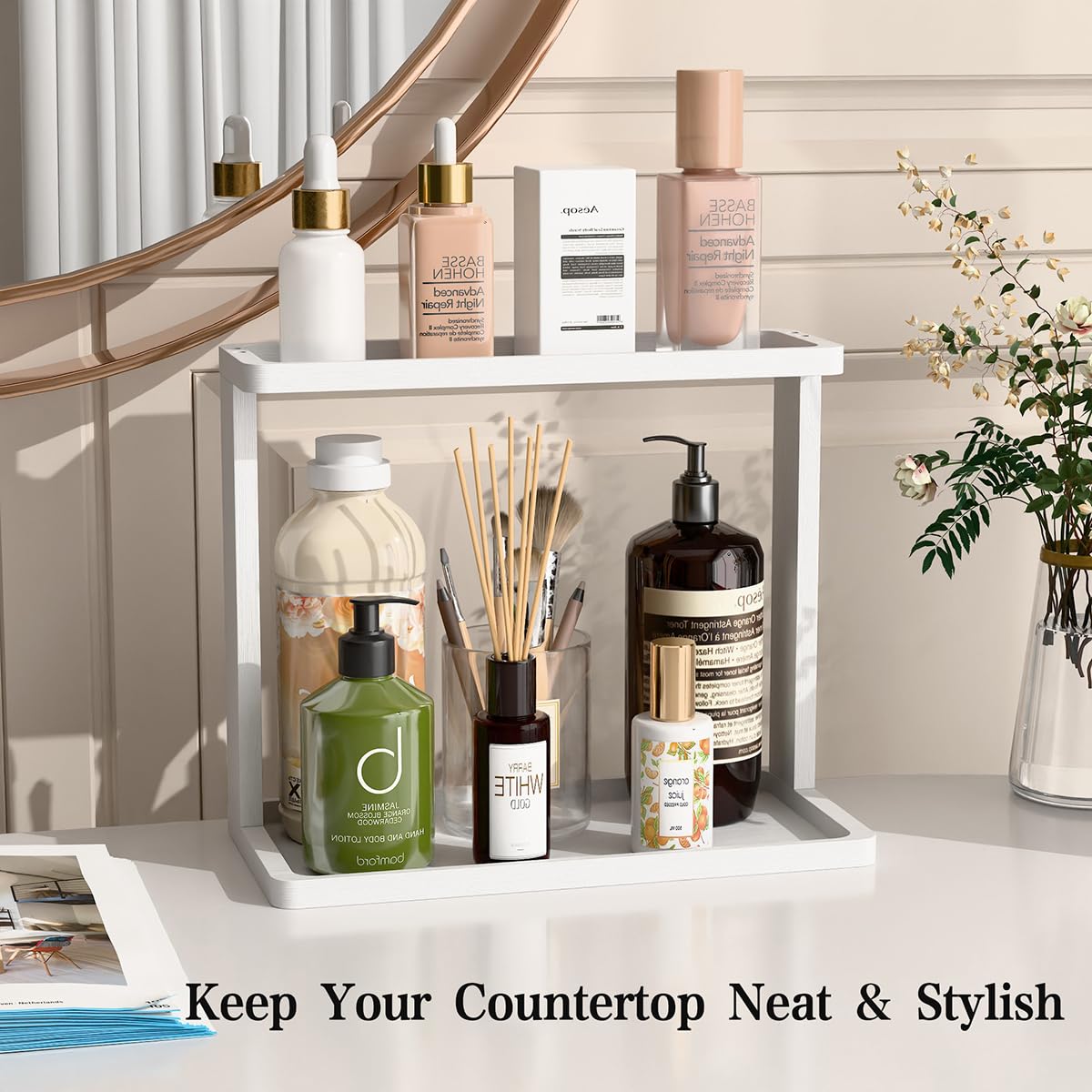 PEKER Bamboo Bathroom Organizer Countertop - Small Vanity Storage Shelf for Makeup, Perfume, Skincare - Natural Cosmetics Displa