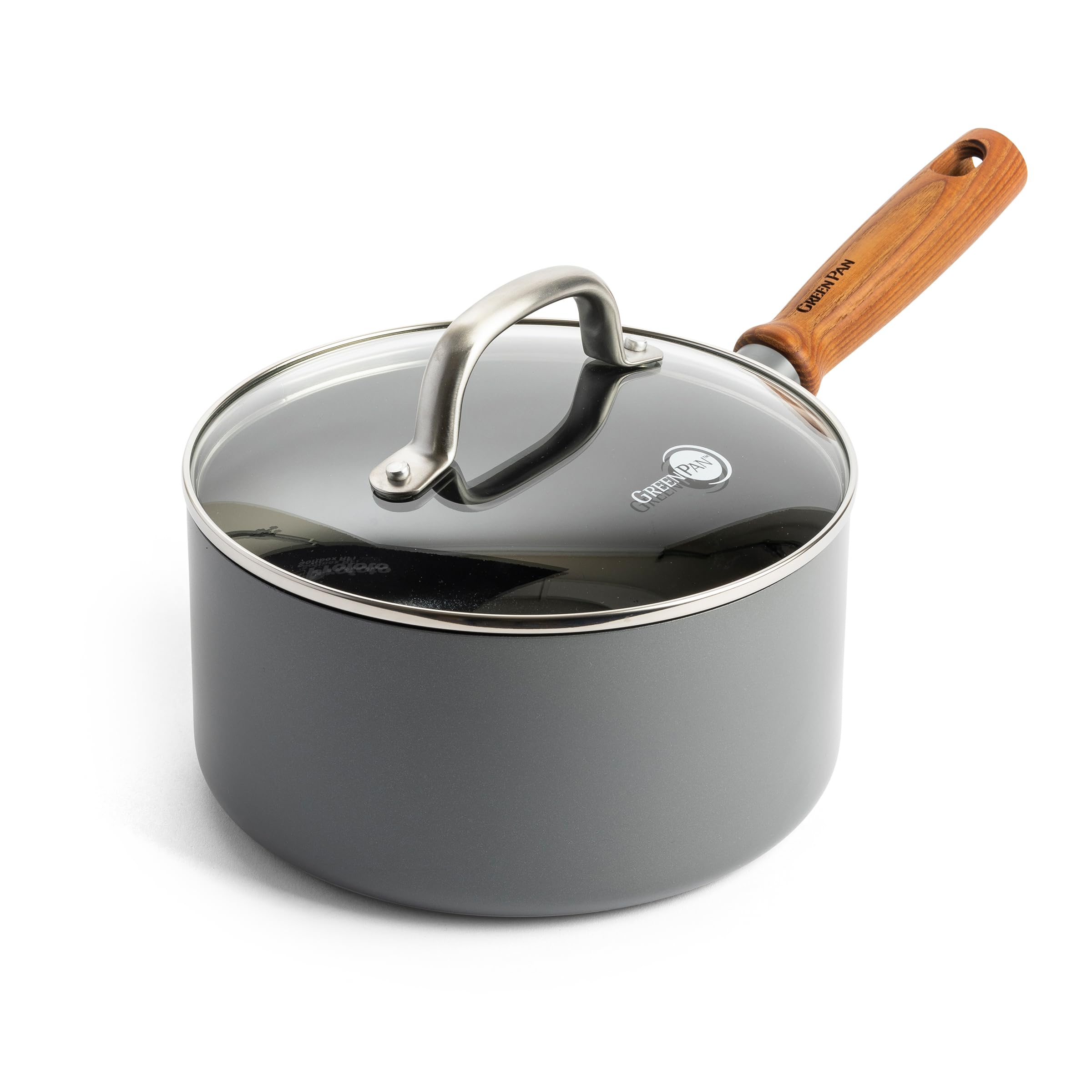 Greenpan Mayflower Pro Hard Anodized Healthy Ceramic Nonstick 18 cm Saucepan with Glass Lid, Vintage Wood Handle, PFASFree, Ind