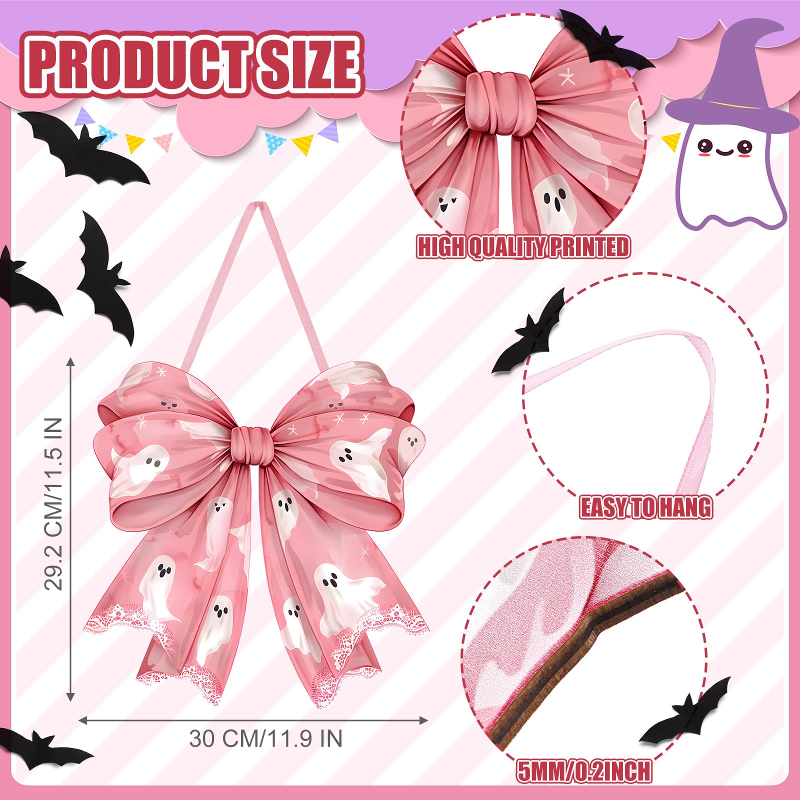 RattanView Pink Halloween Coquette Bows Ghost Wooden Hanging Sign Spooky Season Aesthetic Coquette Halloween Wall Art Bowknot We