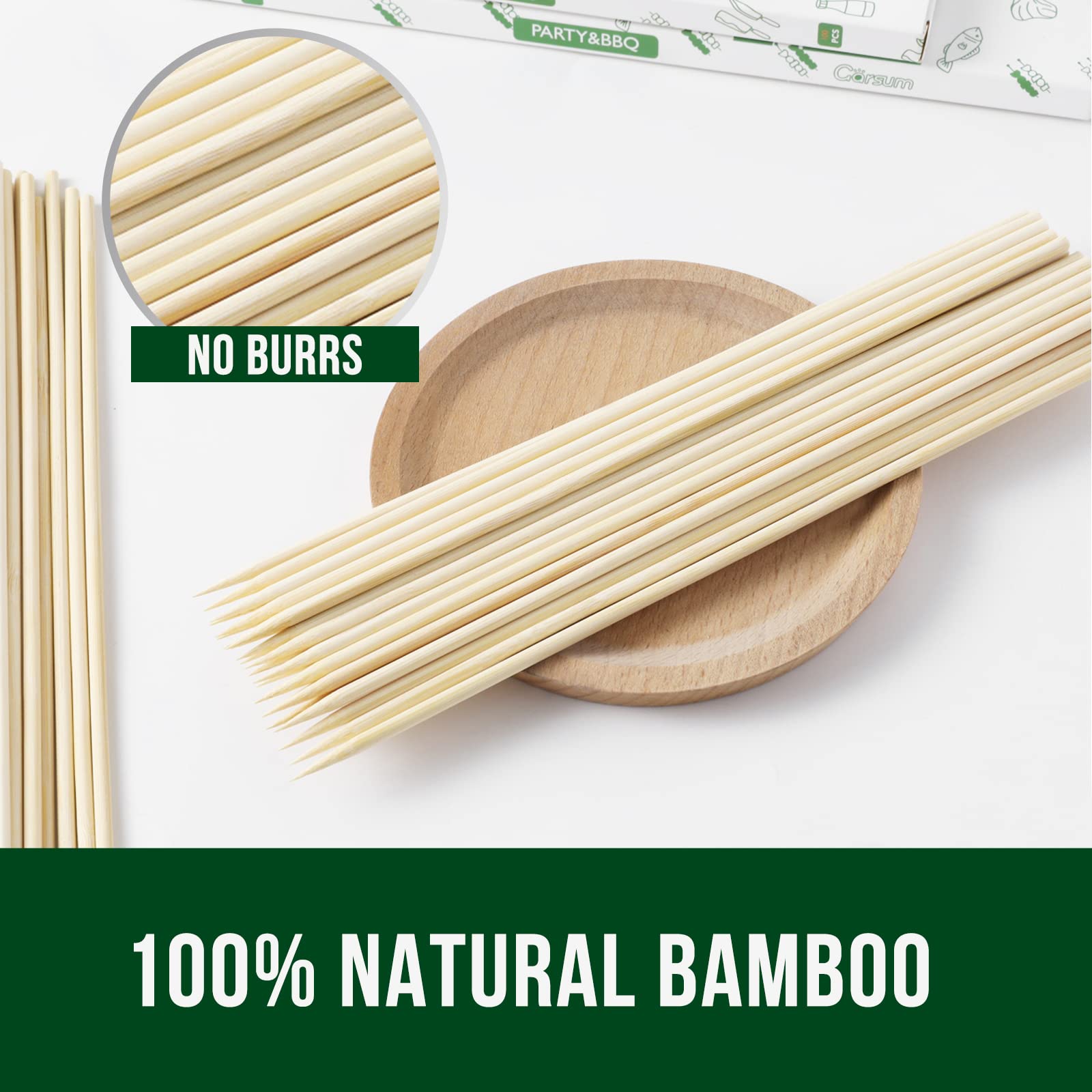 Garsum Natural Bbq Bamboo Skewers, 10 '' Wooden Skewers For Assorted Fruits, Kebabs, Grill, Highly Renewable Natural Resources,