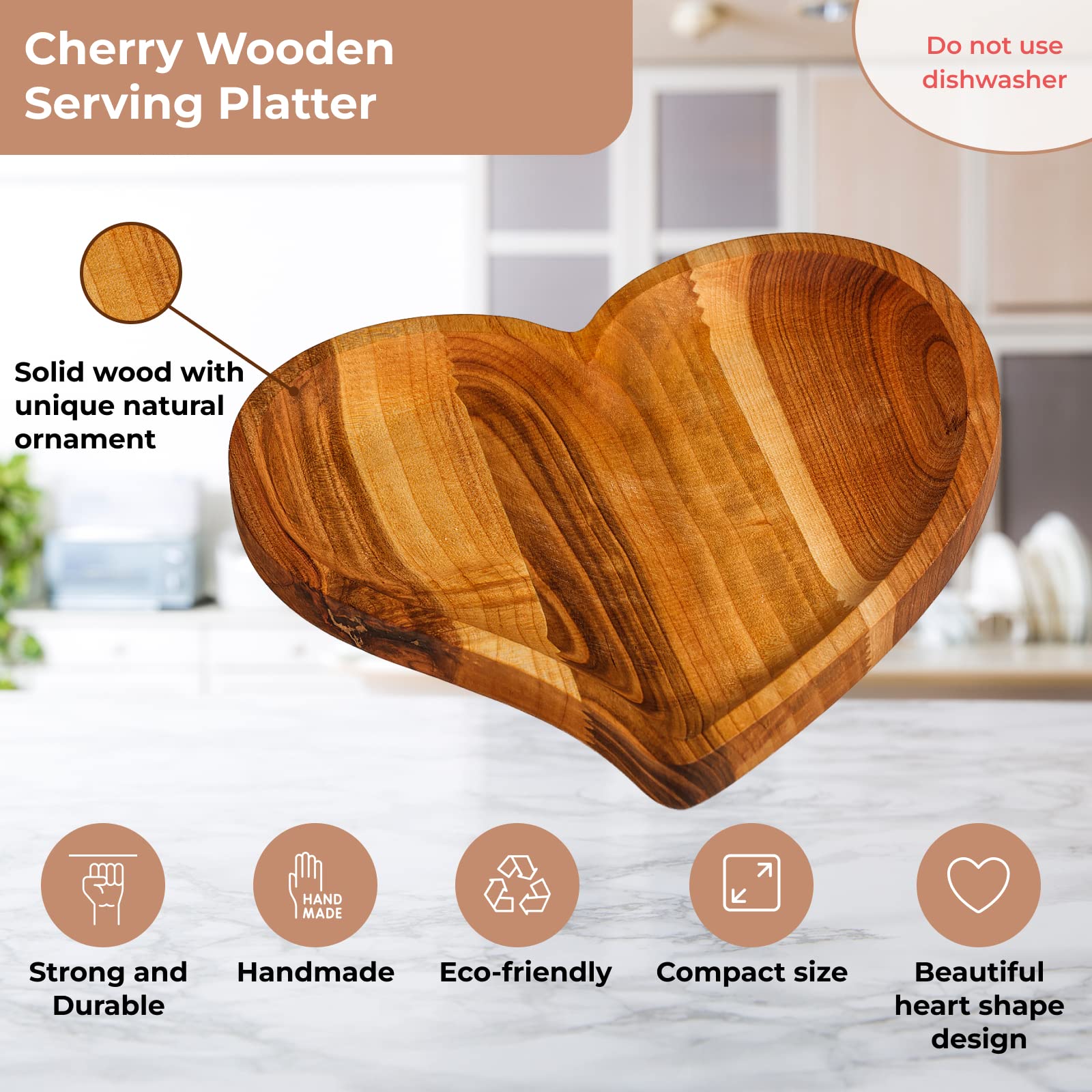 Valentine'S Day Heart Shaped Charcuterie Board Tray 9'' Cherry Wood Platter, Serving Tray, Food, Dishes, Plate - Wooden Heart Sh