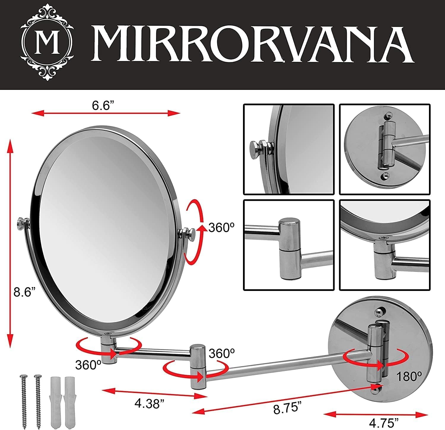 Wall Mounted Bathroom Makeup & Shaving Mirror, Double Sided 5X & 1X Magnification, 13-Inch Extension Swivel Arm, Oval 6.6'' X 8.