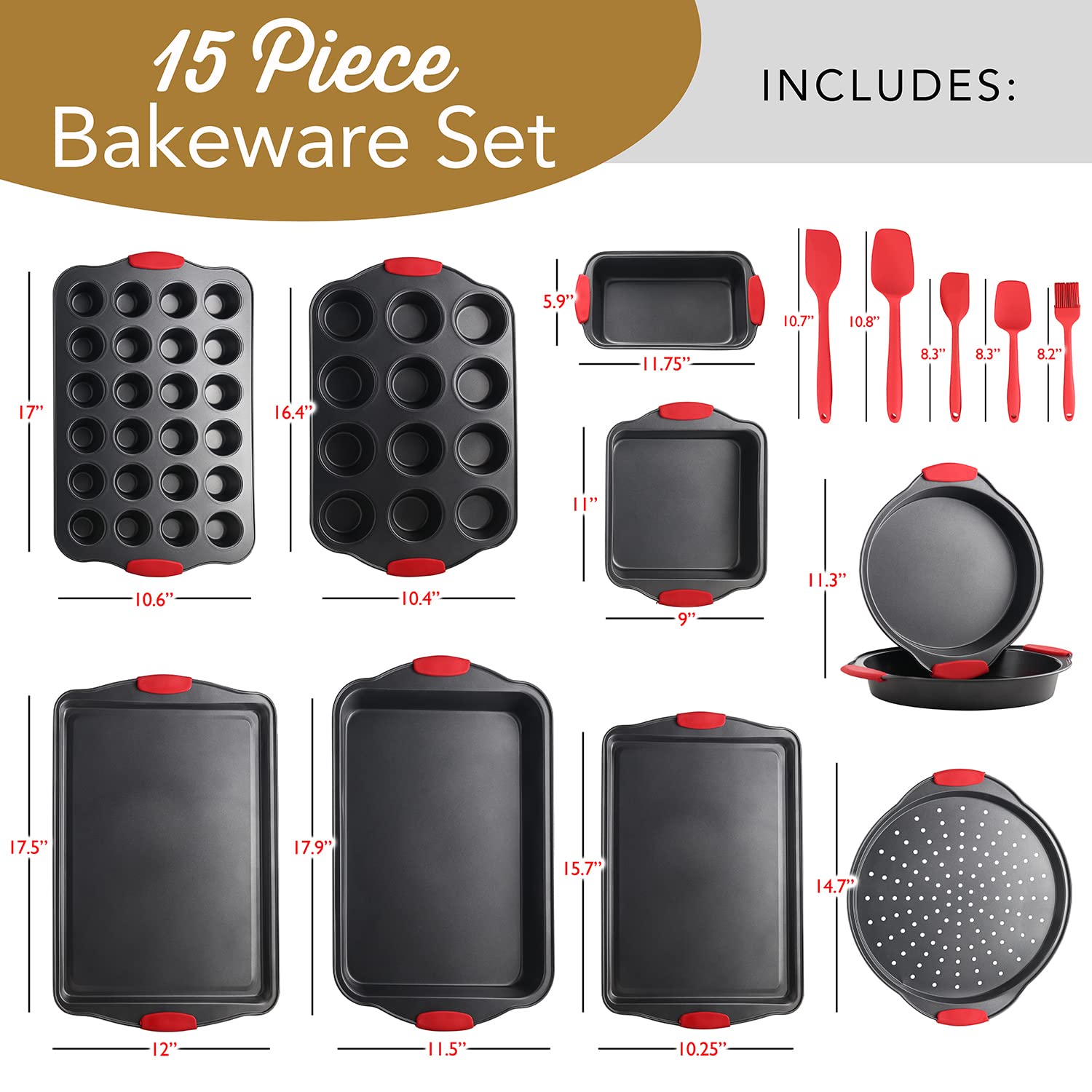 EATEX Nonstick Bakeware Set, 39 PC Carbon Steel Pans & Utensils, Black & Red, Includes Muffin, Cake, and Cookie Sheets, Model VDS-EE-B