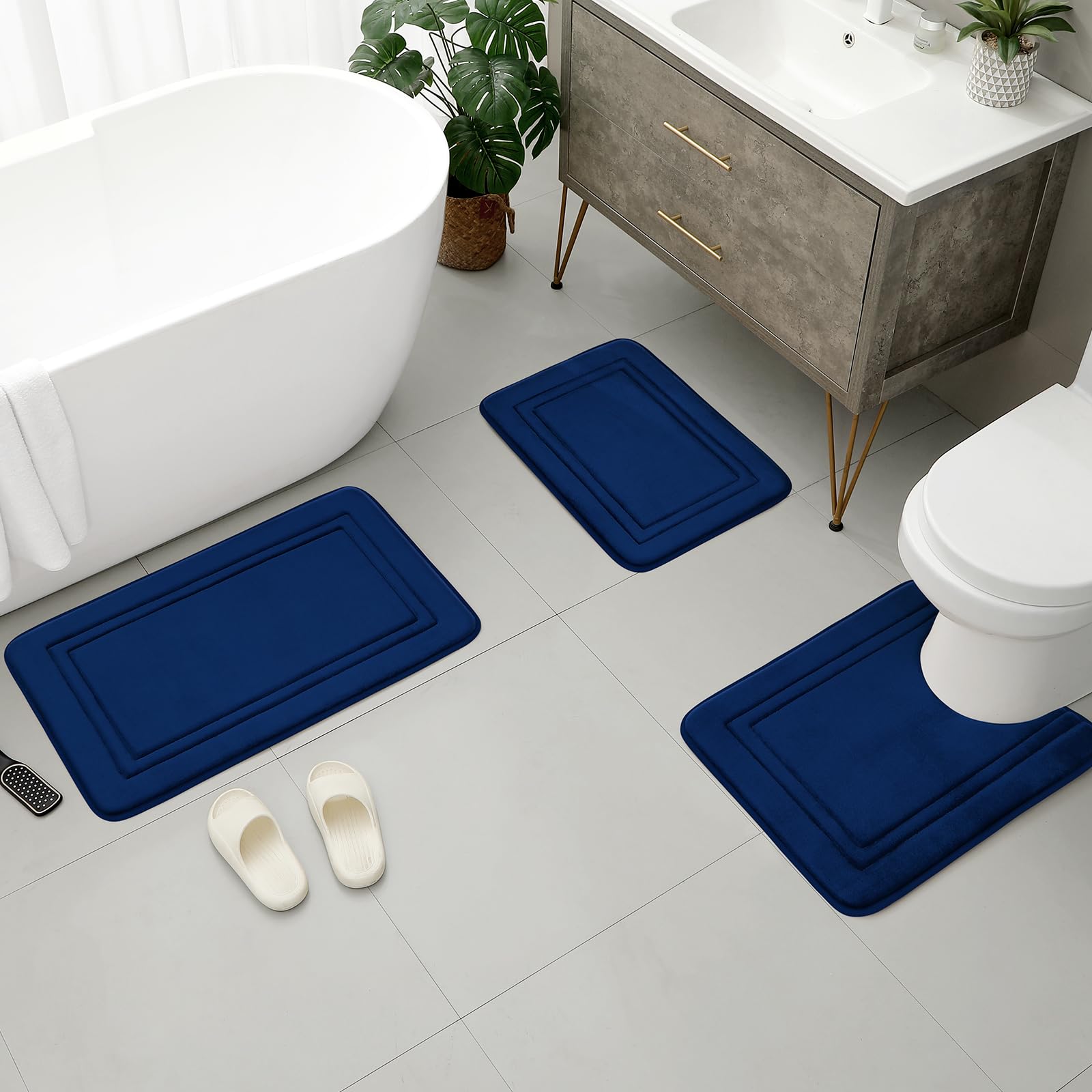 Bysure Navy Blue Memory Foam Bath Mat, Non Slip Extra Soft Absorbent Machine Washable, Bathroom Rugs Sets 3 Piece For Toilet Sho