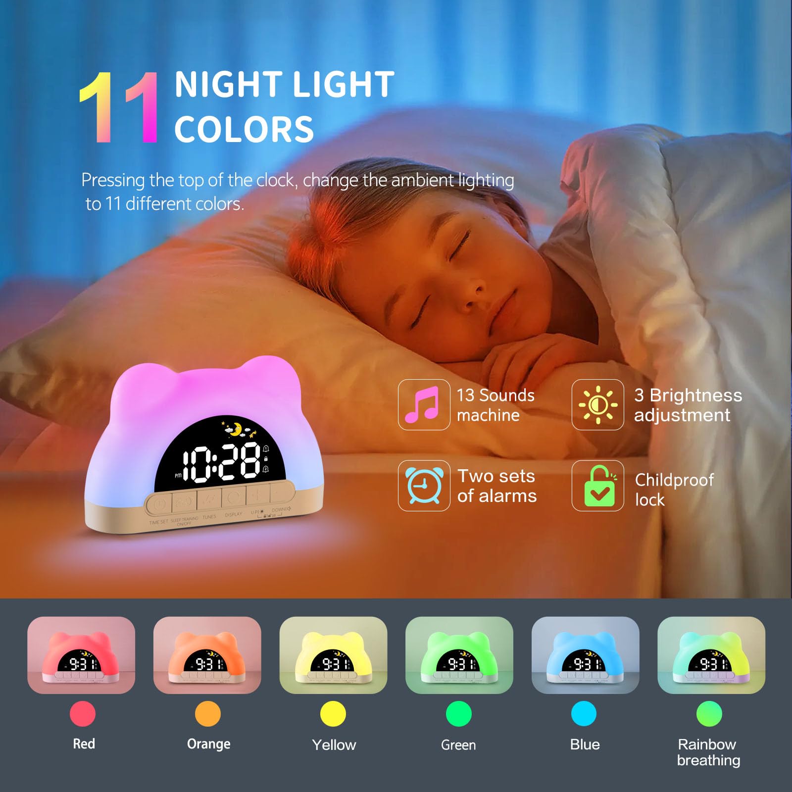 Hournor Kids Alarm Clock, Ok to Wake Alarm Clock for Kids, Toddlers Sleep Training Clock with 12 Colors Night Light for Bedroom,