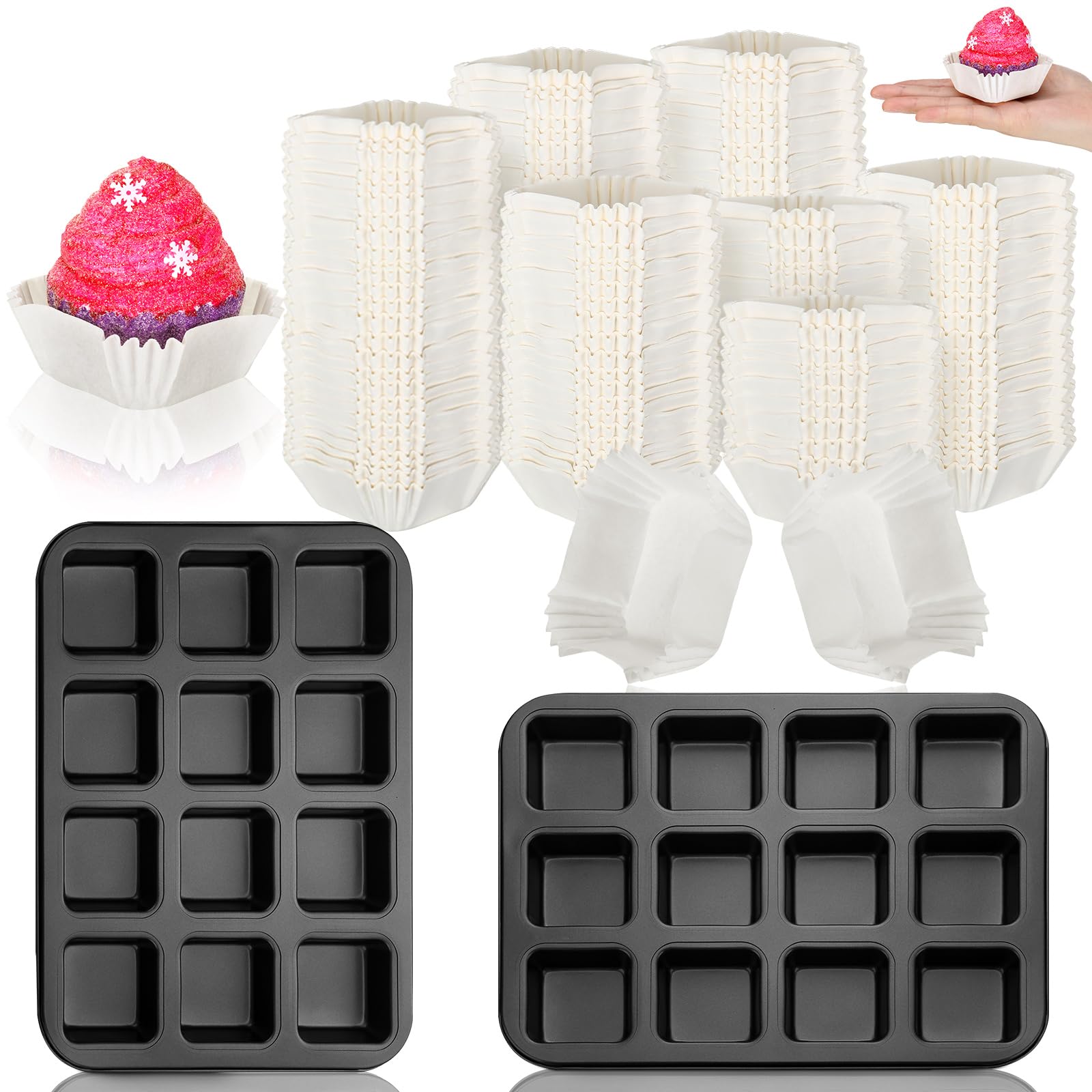 Lallisa Baking Pans With Cupcake Liners Sets 2 Pcs All Edges Brownie Pans And 500 Pcs White Cupcake Liners 12 Mini Cavity Non-St