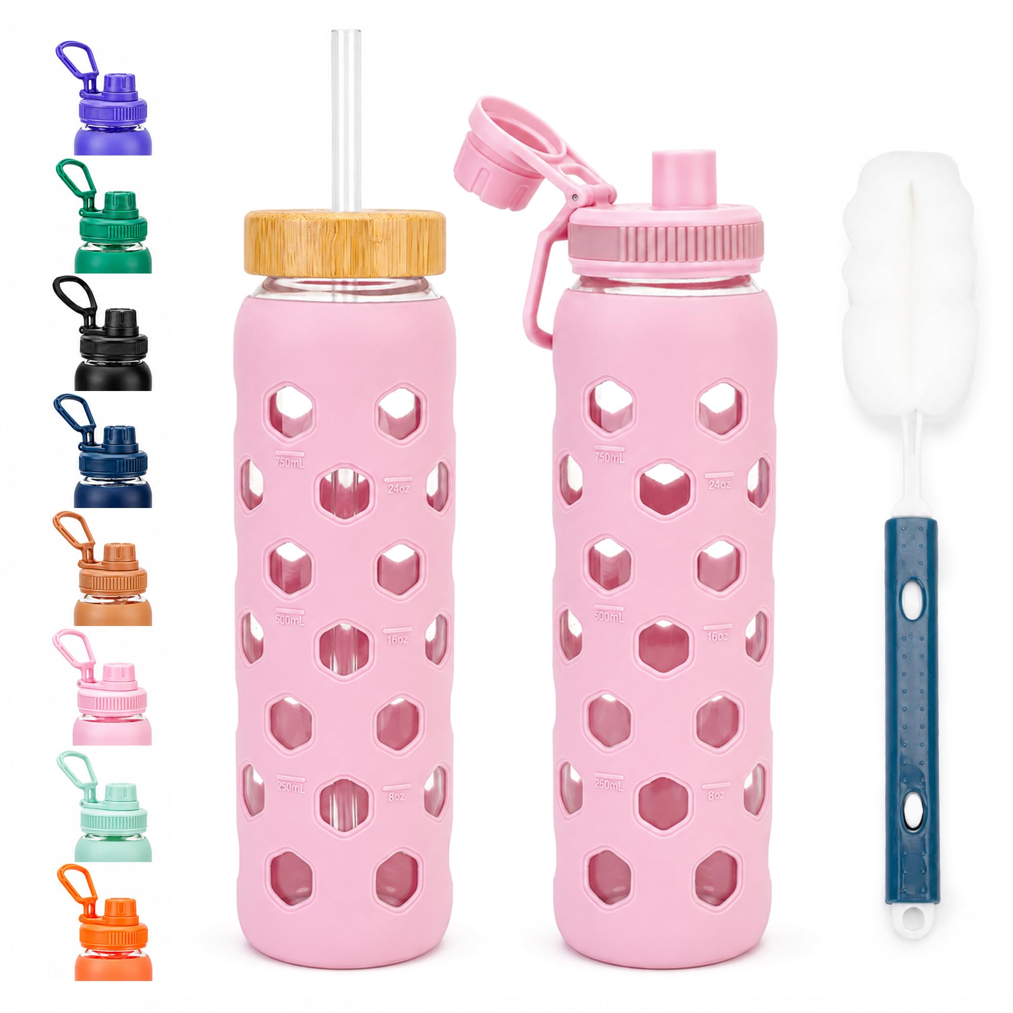 Zukro 32 oz Glass Water Bottles with Silicone Sleeve, Leak Proof, Pink
