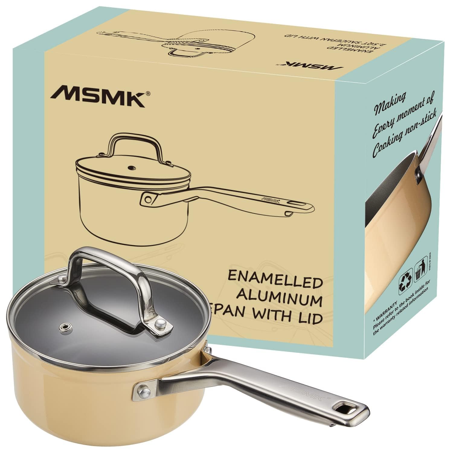 MsMk 1.5 QT Ceramic Enamel Saucepan with Lid, Nonstick Yellow Cooking Pot