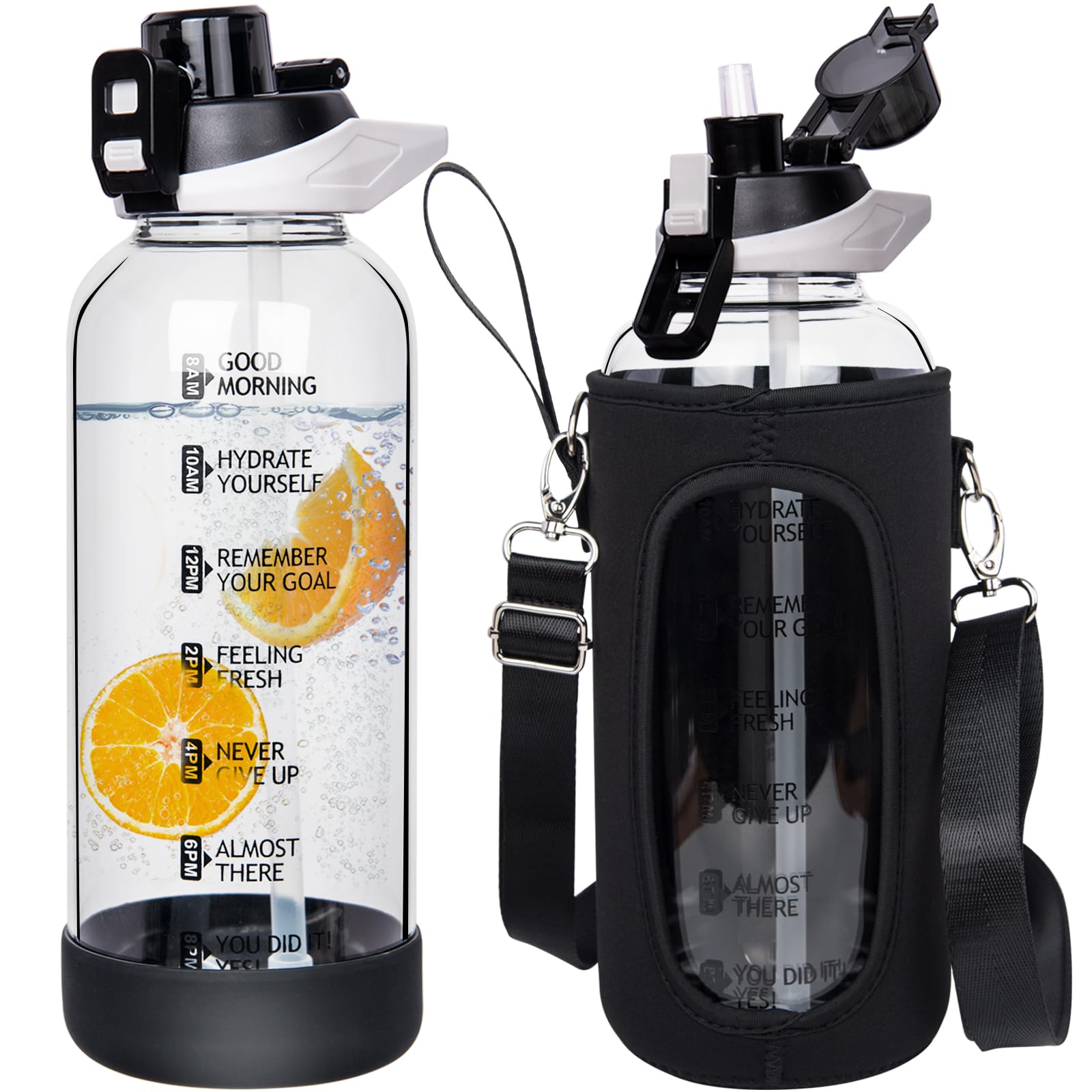 Seekua 48 oz Large Sports Glass Water Bottle with Straw & Time Marker, Motivational Daily Glass Drinking Bottle with Strap for F