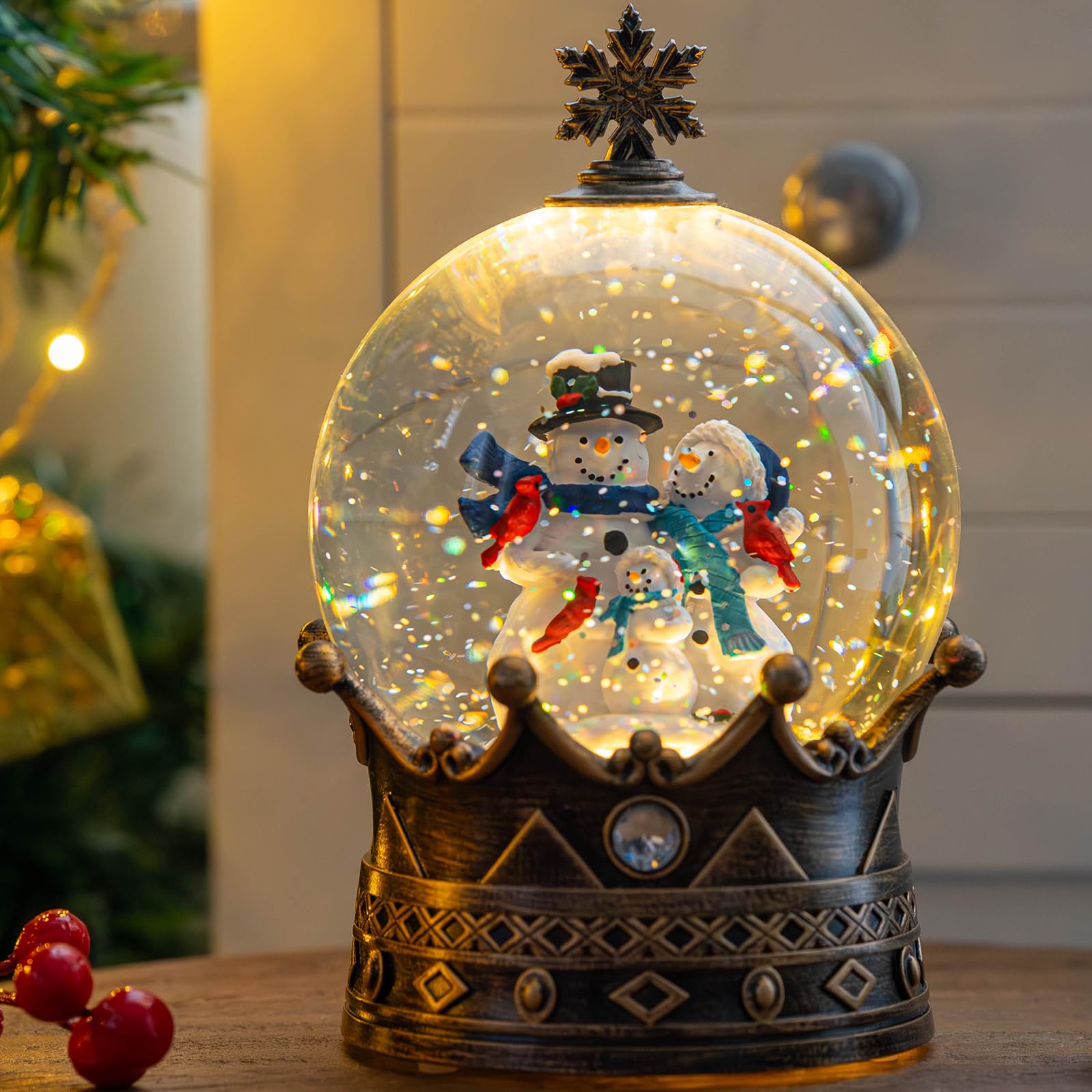 Christmas Snow Globe Lantern Water Glittering Snowman Family Crown with Music, USB Lined/Battery Operated Lighted Lantern for Ch