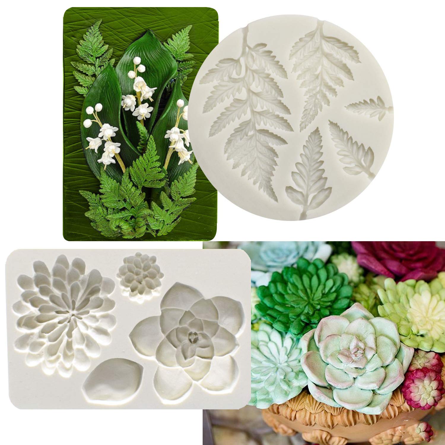 2Pcs Fondant Mold Succulent Silicone Fondant Mold Fern Fondant Mold Succulent Leaves Silicone Candy Molds Cake Decoration Molds