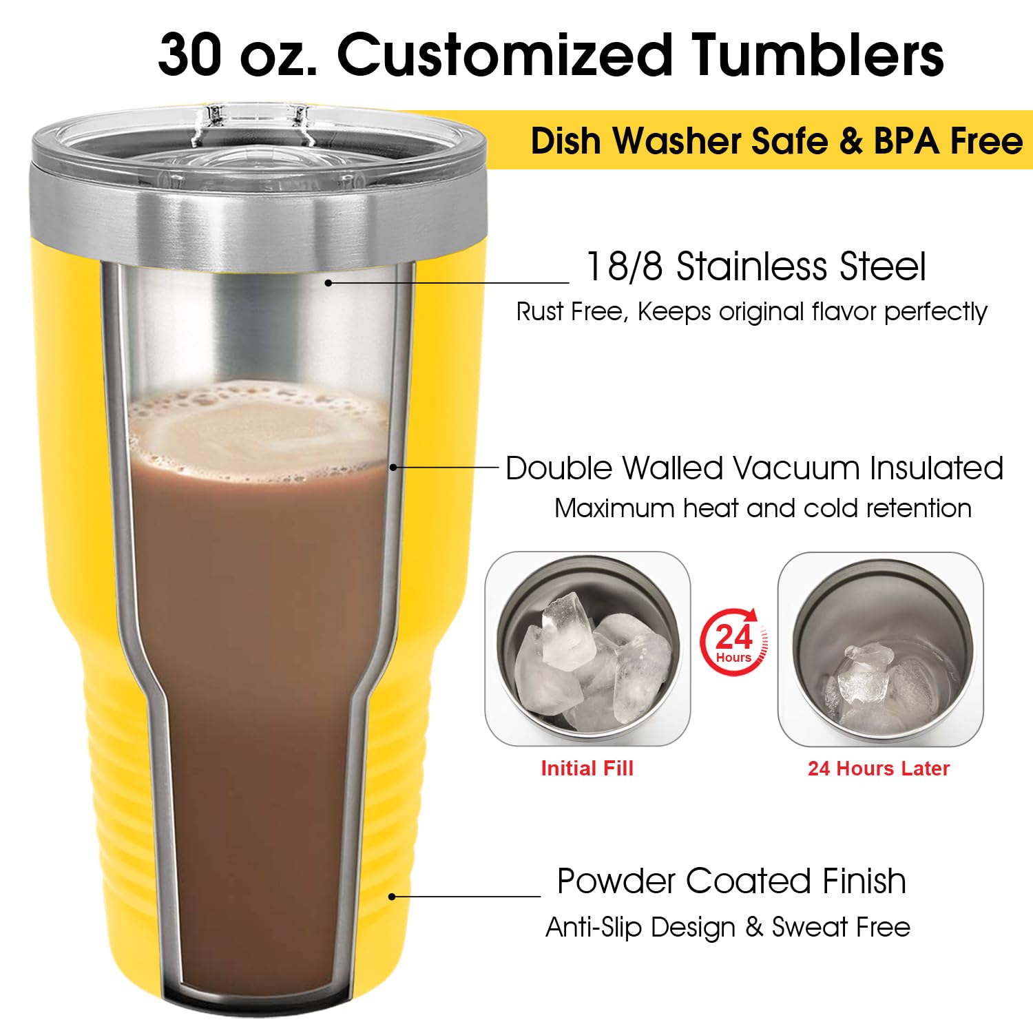 Personalized Tumblers with Lids and Straws Sunflower Engraved in USA by iProductsUS 30oz Vacuum Insulated Travel Coffee Mugs Stainless Steel Double Wall Thermos Customized Cups(Yellow 18-Designs)