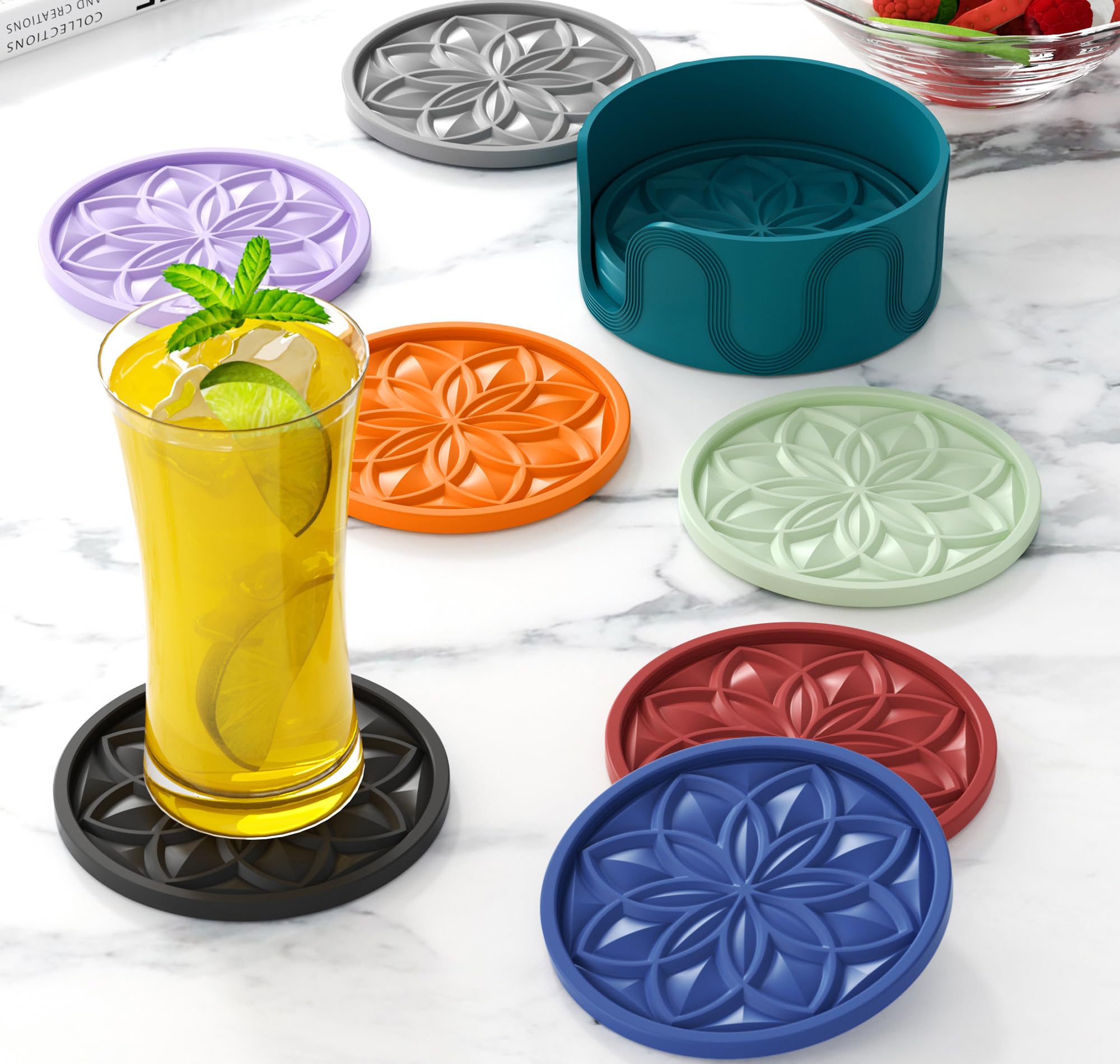 HFHOME Coasters for Drinks 6 Pack Silicone Coasters Set with Holder  Drink Coaster for Coffee Table  Table Cup Mat Desk Coaster for Drinks  Bar Coasters for Home Decor Tabletop Protection Gift - Black