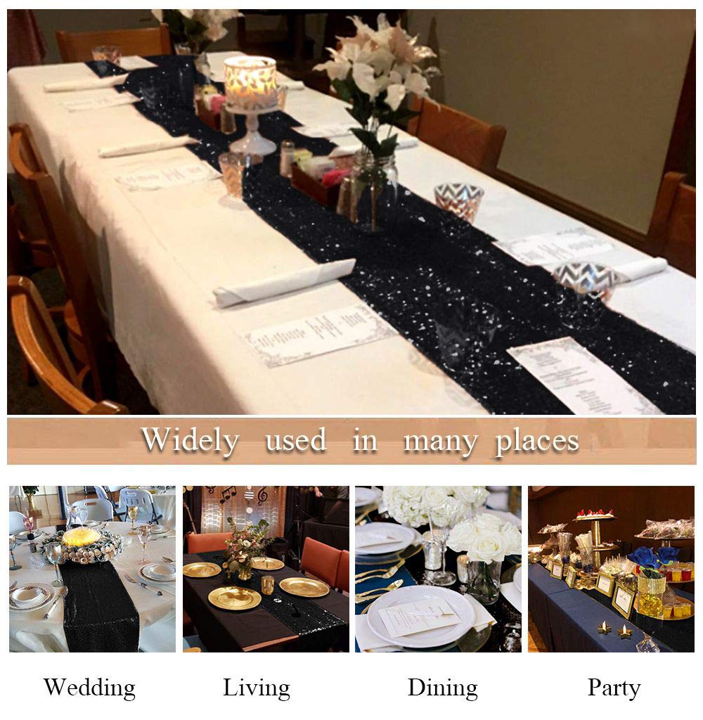 Shinybeauty Black Table Runner 12'' X 108'' Sequin Table Runner Glitter Table Runner Fall Table Runner Halloween Party Table Run