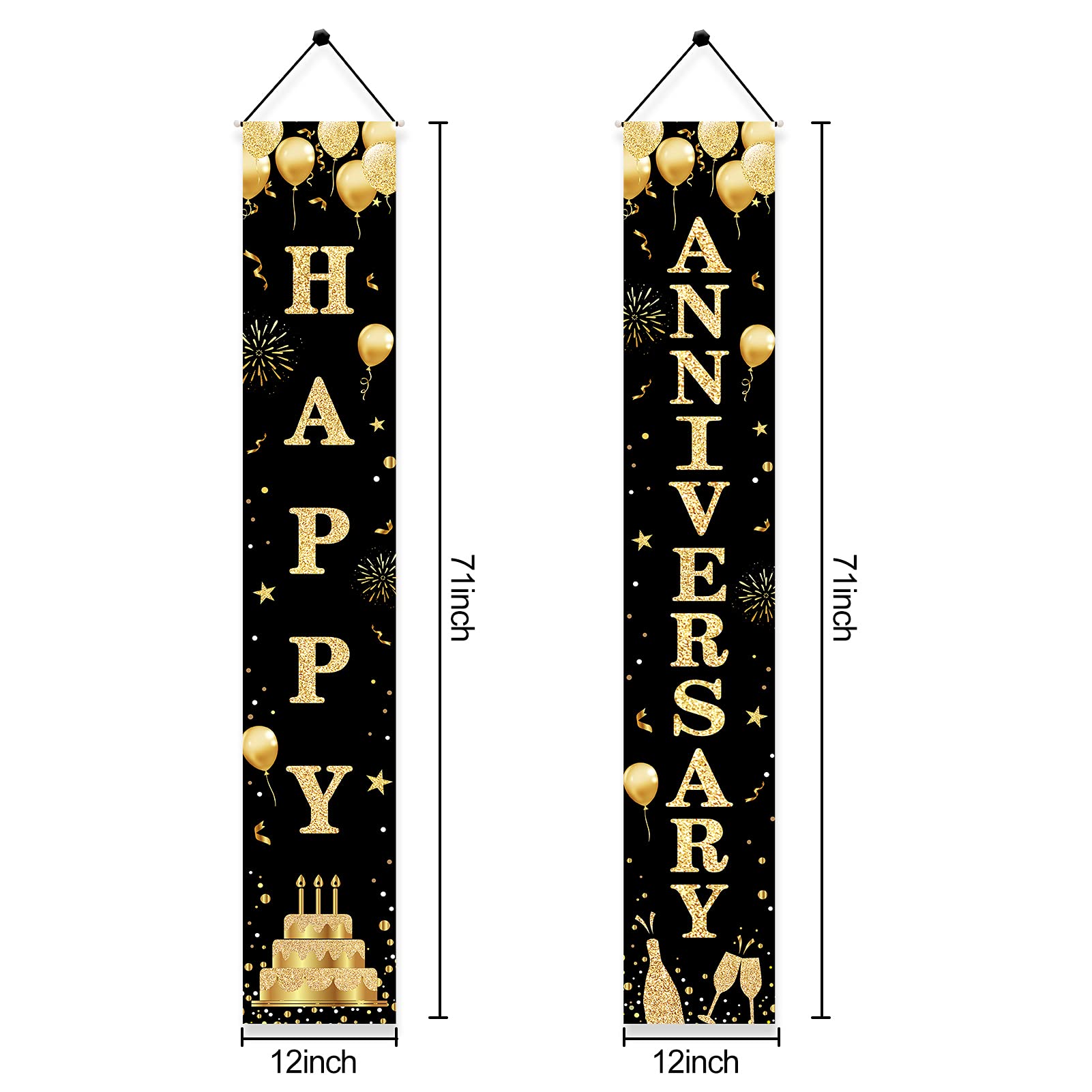 Wedding Anniversary Decorations Door Banner, Black Gold Happy Anniversary Banner Sign Party Supplies, Anniversary Party Welcome