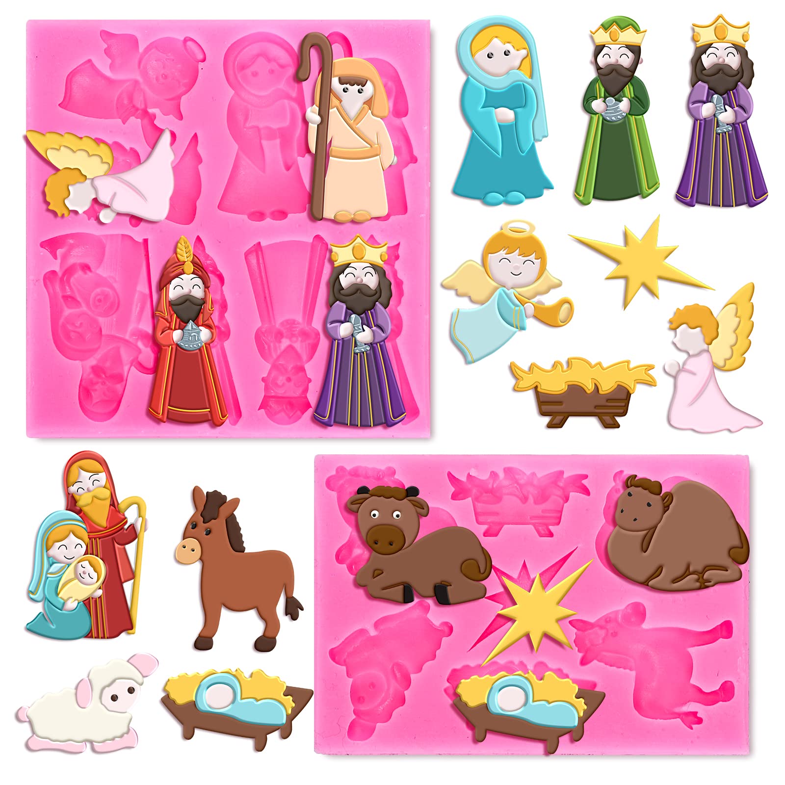 Whaline 2Pcs Christmas Fondant Molds Nativity Silicone Moulds Night Of Birth Resin Baking Molds Jesus' Birth Theme Cake Decorati