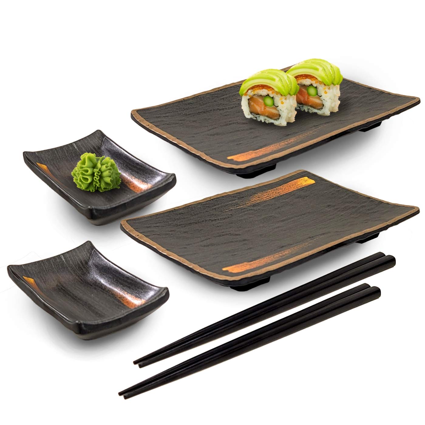 Happy Sales Hsmsp-Gldbru, Japanese Style 6 Piece Perfect Sushi Set For Two Melamine Sushi Plates Sauce Dish And Chopsticks Dinne