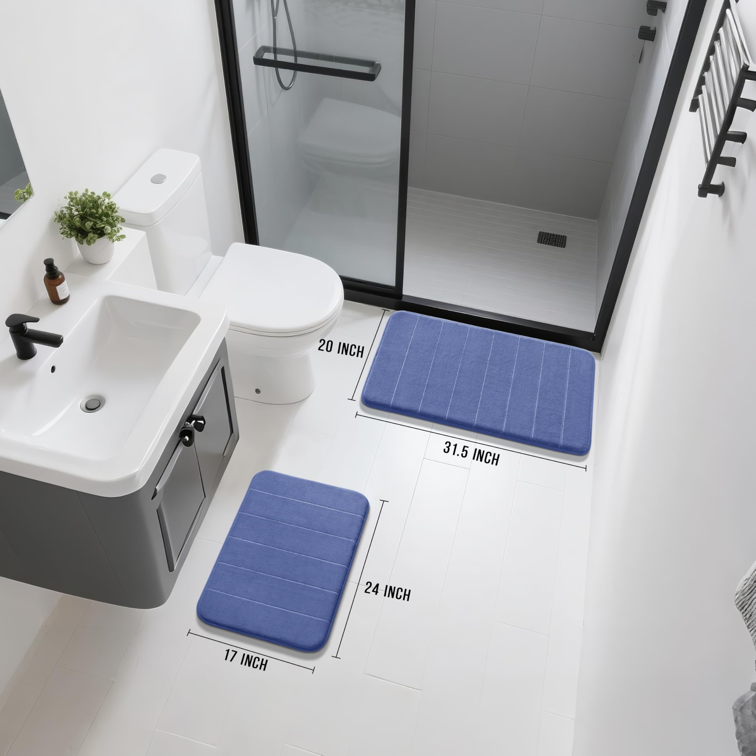 Yimobra Memory Foam Bath Mat Set  2 Pieces Soft Bathroom Rugs 17x24 and 24x20.4 U-Shaped for Bathroom Rugs  Toilet Mats  Water Absorption  Non Slip  Thick  Dry Fast for Bathroom Floor Mats  Navy Blue