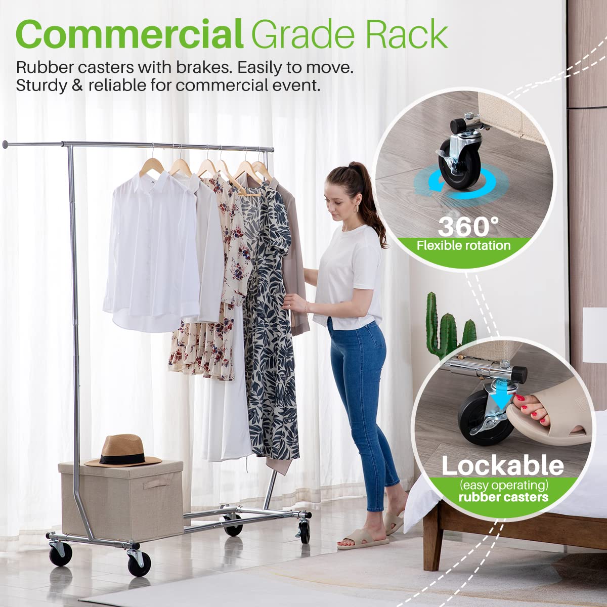 Hokeeper Clothes Rack, Clothing Racks For Hanging Clothes, Heavy Duty Garment Rack Load 300Lbs, Commercial Rolling Rack, Collaps