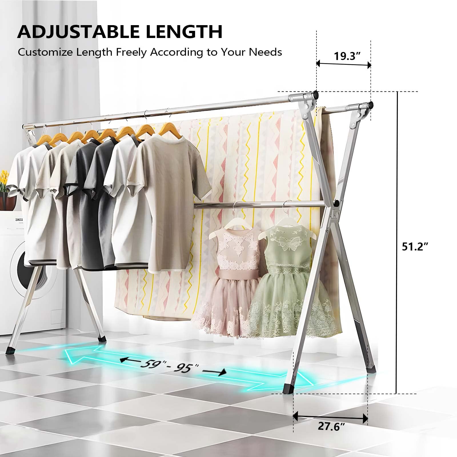 URYAN 95 Inches Clothes Drying Rack  Heavy Duty Stainless Steel Laundry Drying Rack Folding Indoor Outdoor  Portable Drying Rack Clothing  Blanket Rack Clothesline with 20 Windproof Hooks