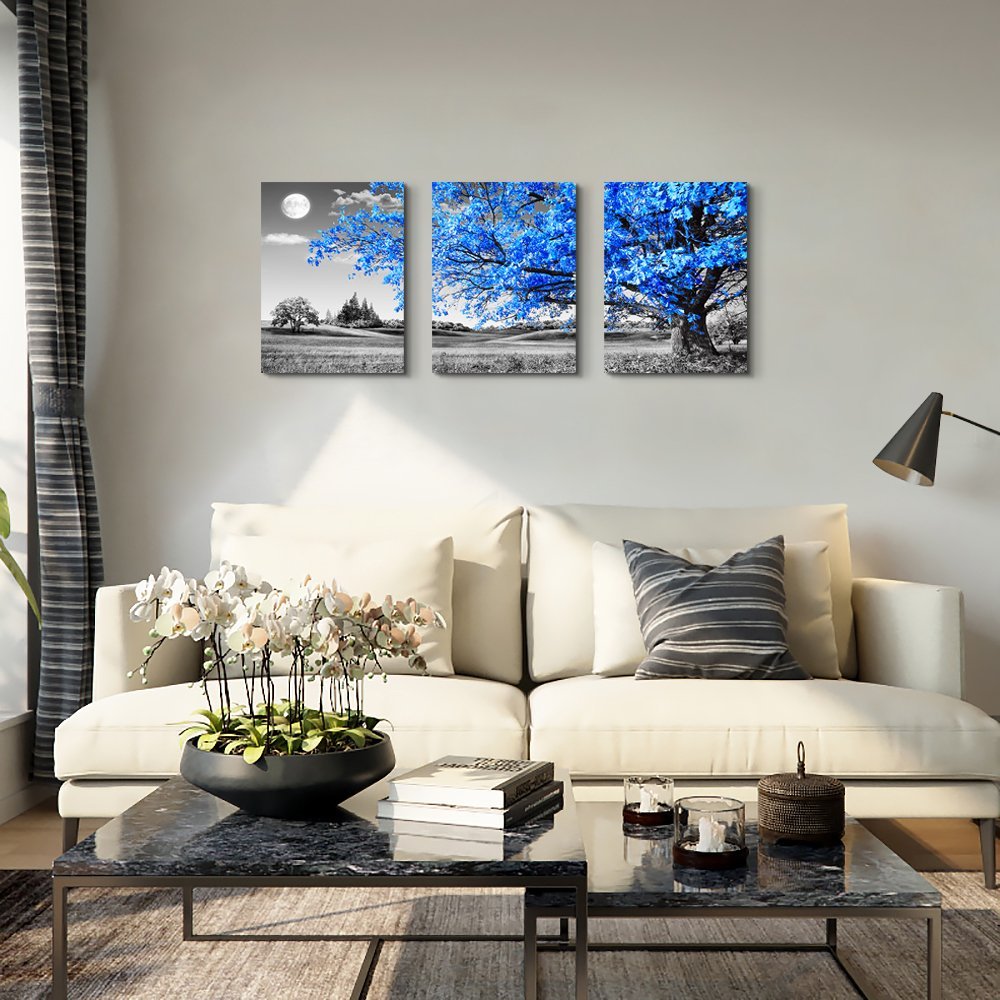 Wall Art For Living Room Black And White Blue Tree Moon Canvas Wall Decor For Home Artwork Huge Painting 16'' X 24'' 3 Pieces Ca