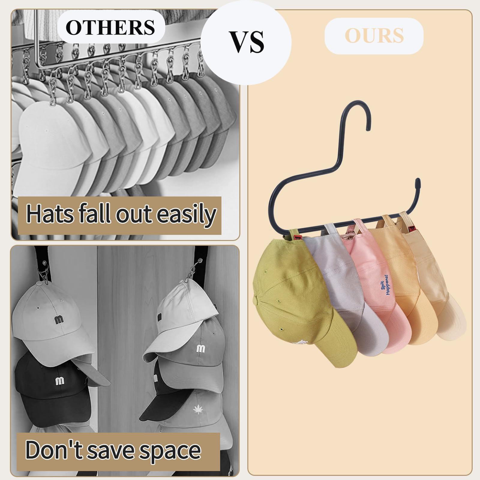 Hat Rack,Hat Organizer For Baseball Caps,2 Pack Metal Hat Holder For Closet,Baseball Cap Organizer Holds Up To 20 Caps, Slip-Res