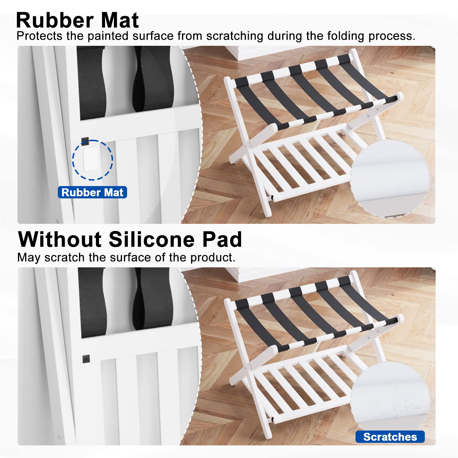 Smuxee Fully Assembled White Luggage Rack Pack Of 2, Bamboo Foldable Suitcase Stand With 5 Nylon Straps, Luggage Holder With She