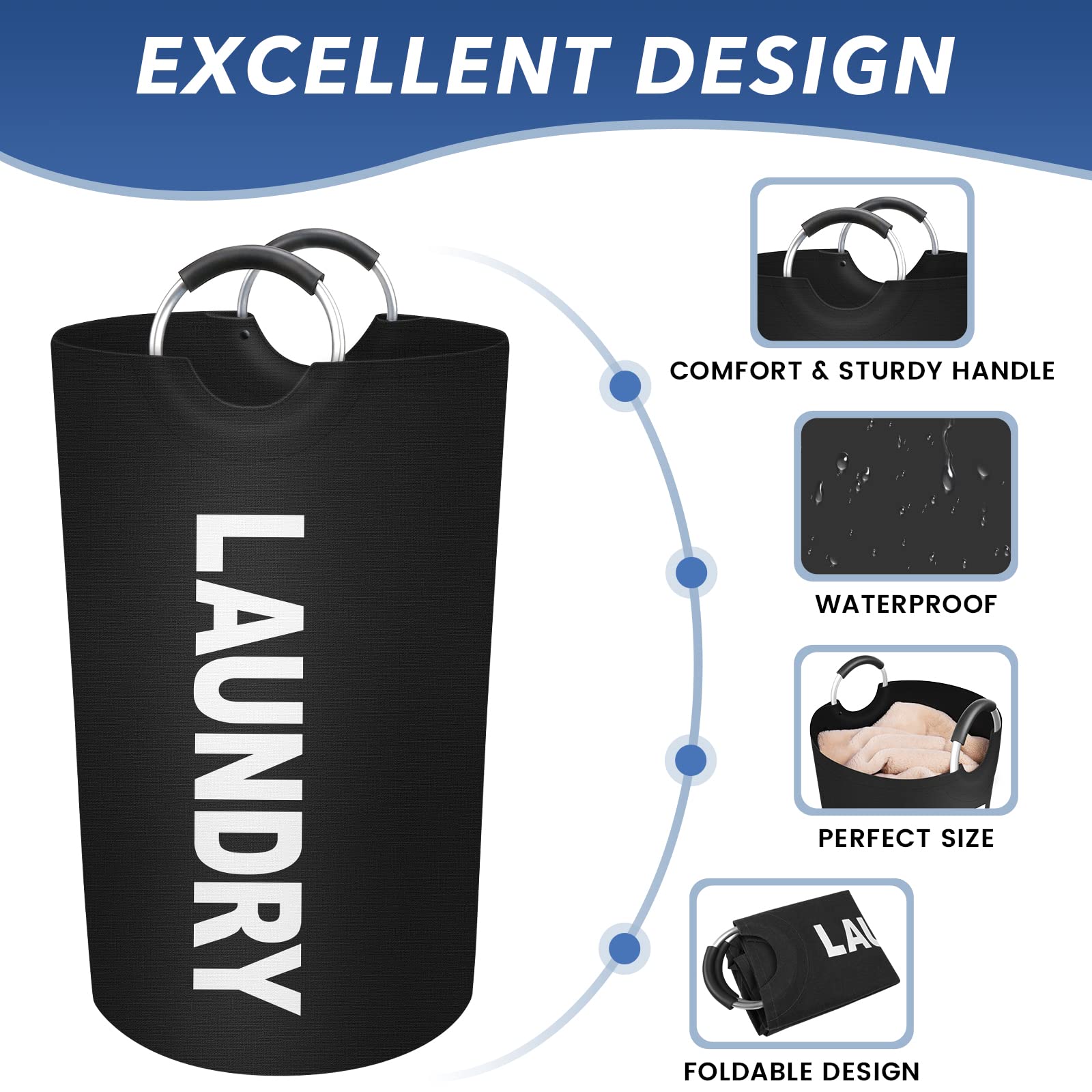 EpicTotes 75L Large Laundry Basket  Freestanding Waterproof Laundry Hamper  Collapsible Folding Tall Clothes Hamper  Easy Carry with Foam Protected Aluminum Handles for Dorm  Family  Travel (Black)