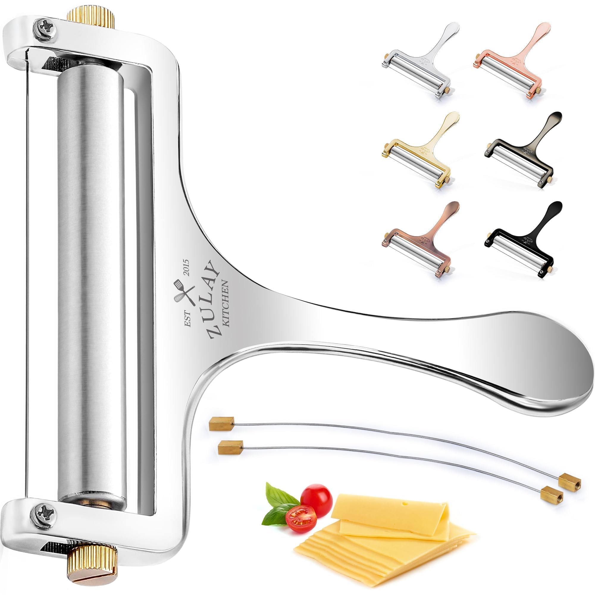 Zulay Kitchen Stainless Steel Wire Cheese Slicer - Adjustable Hand Held Cheese Cutter With 2 Extra Wires - Premium Cheese Shaver